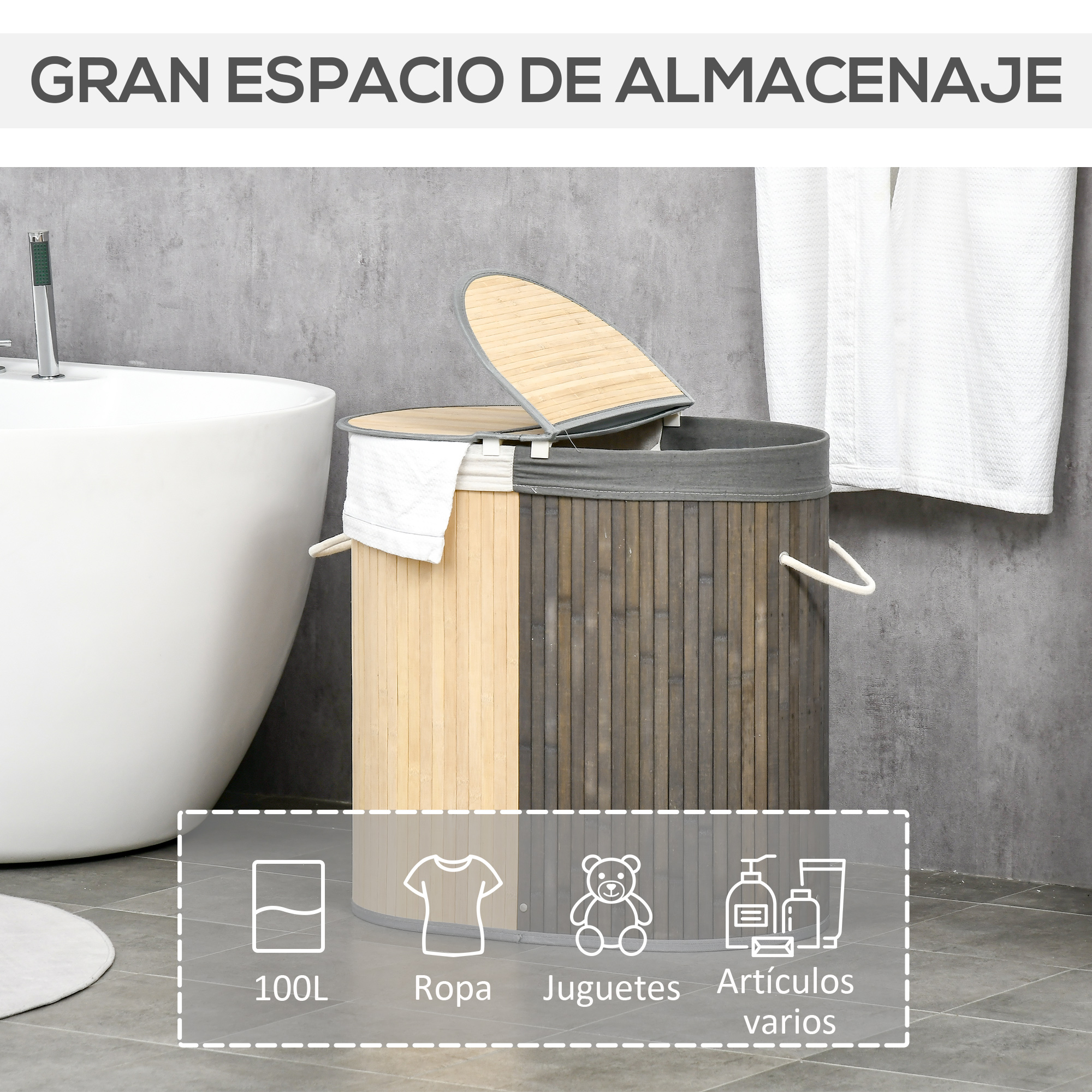 Un cesto de ropa de bambú junto a una bañera con toalla blanca.