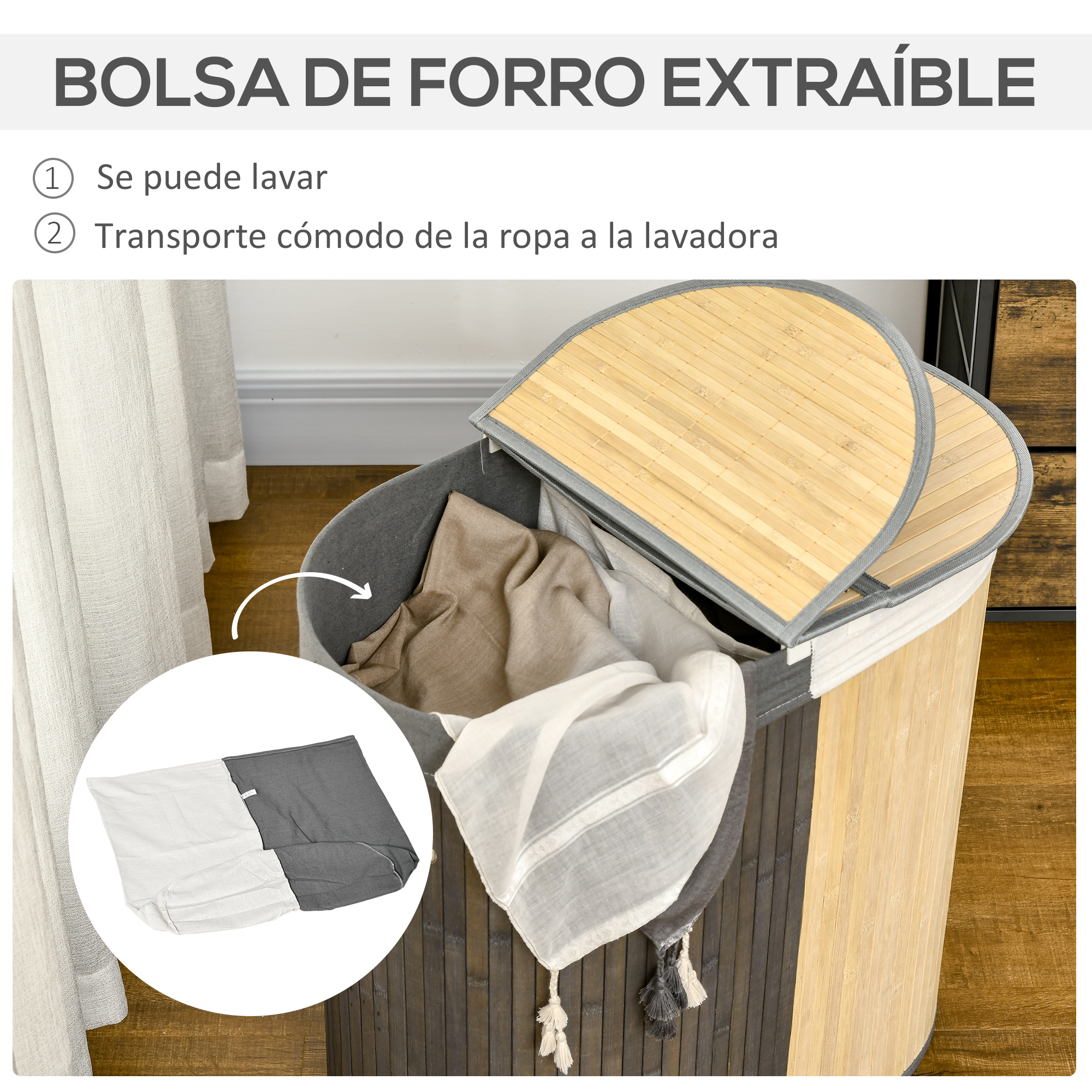 Cesto de ropa con forro extraíble, lleno de ropa.
