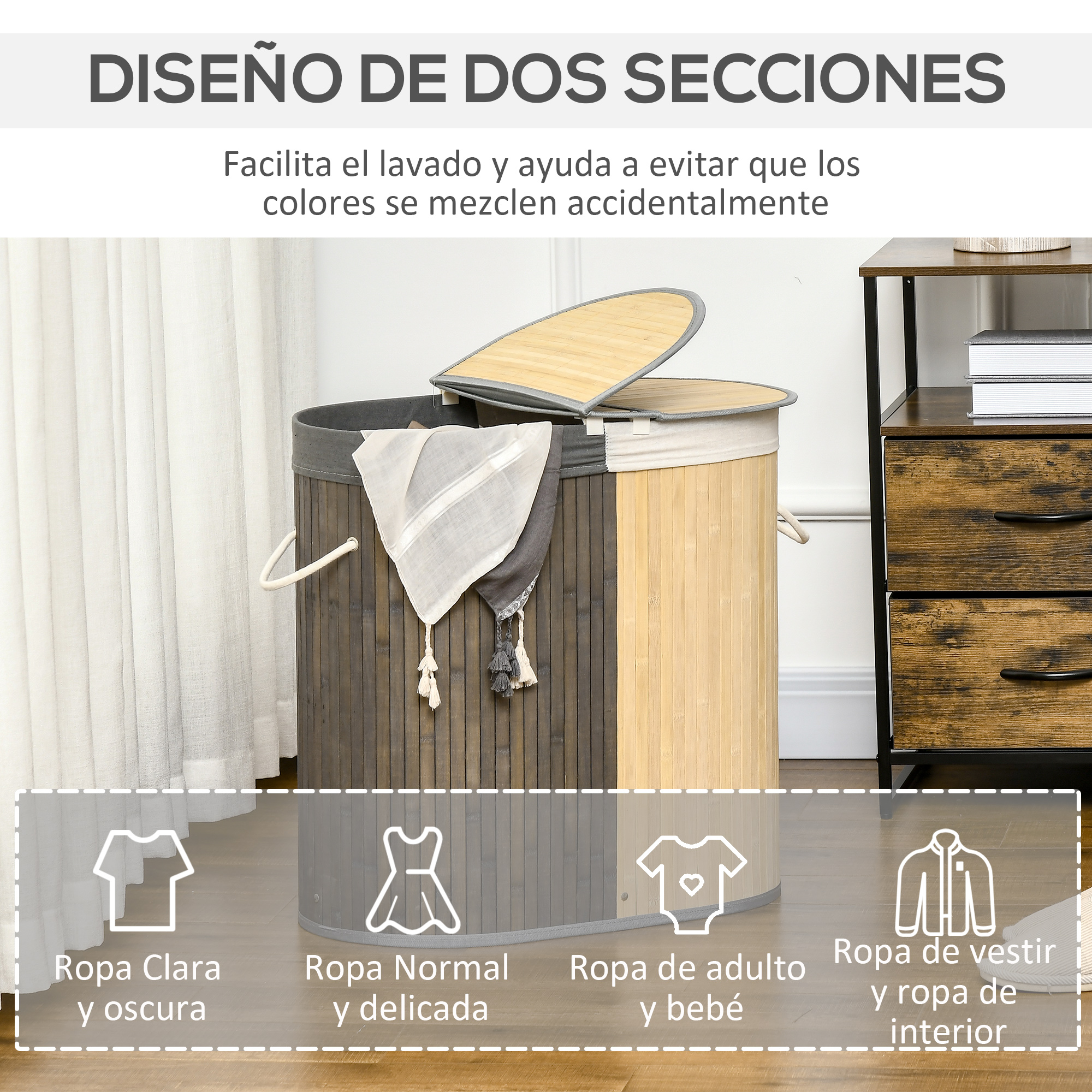 Cesto de ropa de madera de dos secciones con tapa y asas, junto a una mesita.