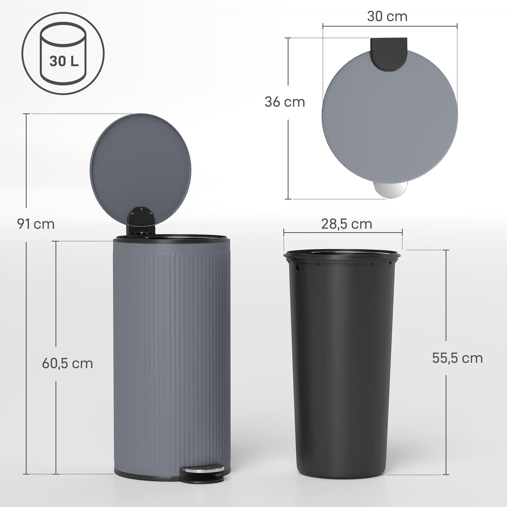 Papelera gris de 30L con pedal y cubo interior. Dimensiones mostradas.