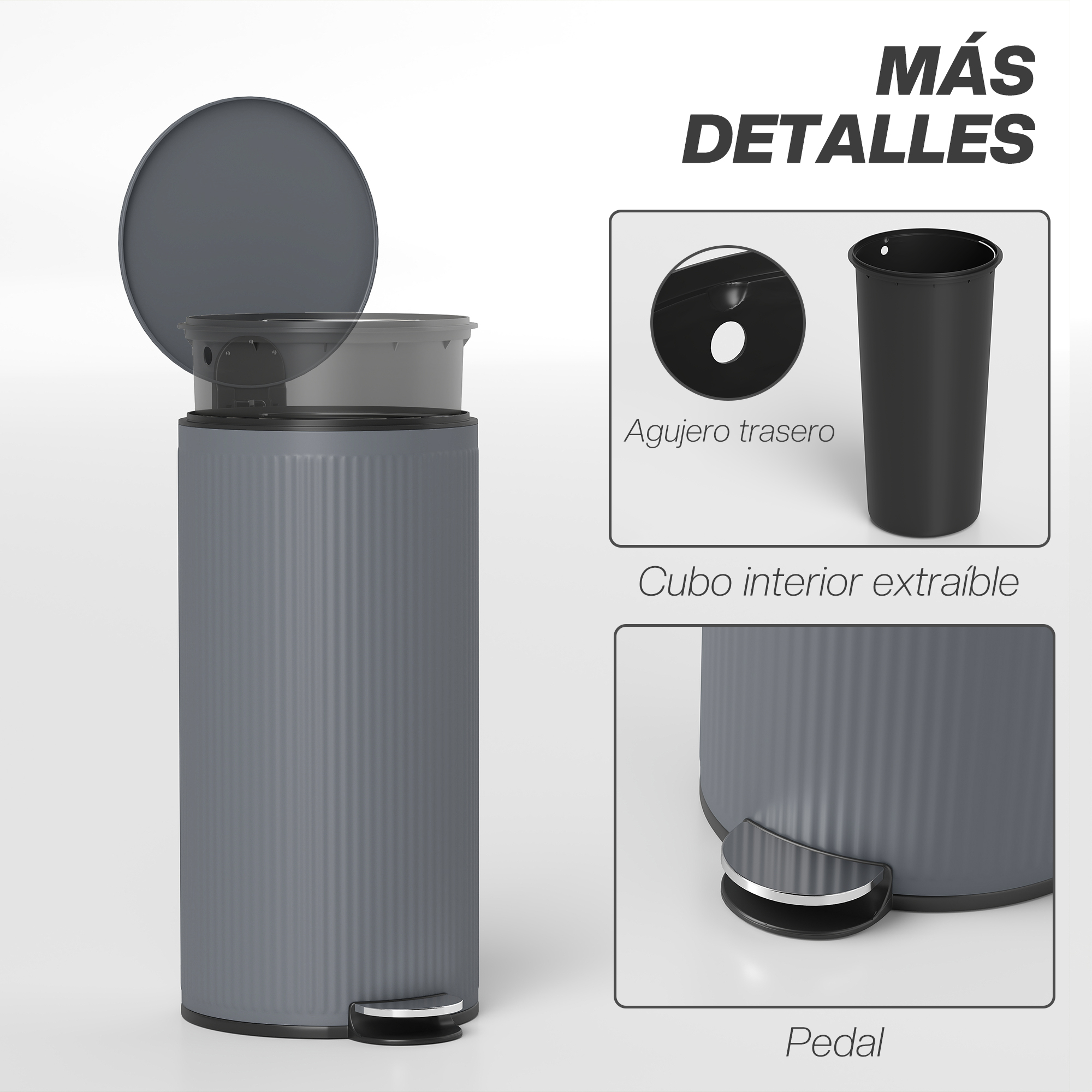 Papelera gris con tapa abierta, cubo interior extraíble y pedal.