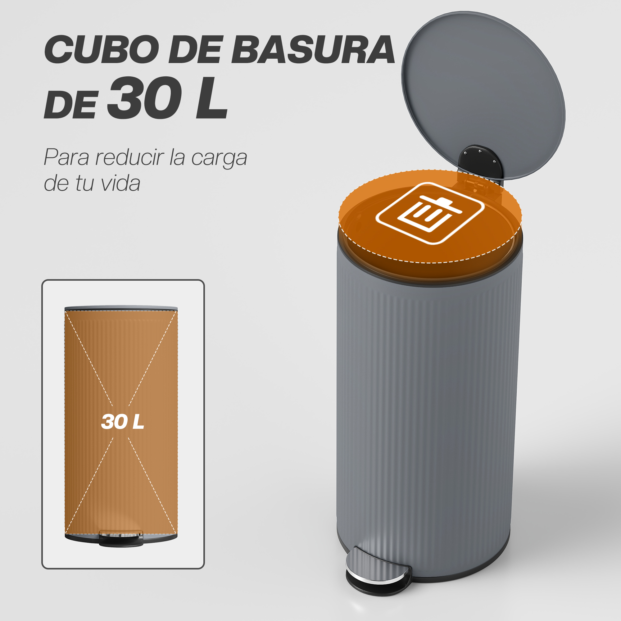 Papelera gris de 30L con tapa abierta y símbolo de basura.