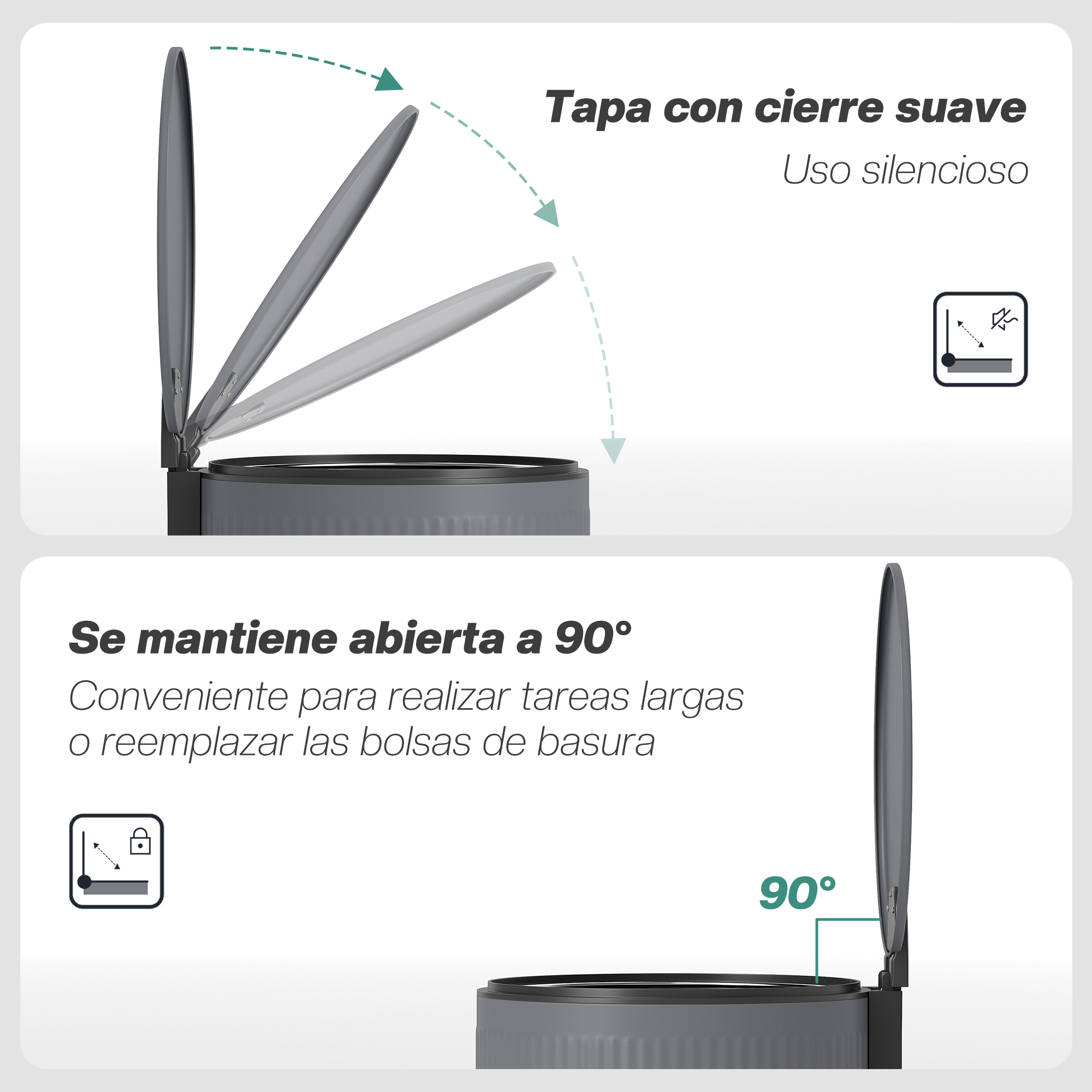 Papelera gris con tapa de cierre suave que se mantiene abierta a 90°.