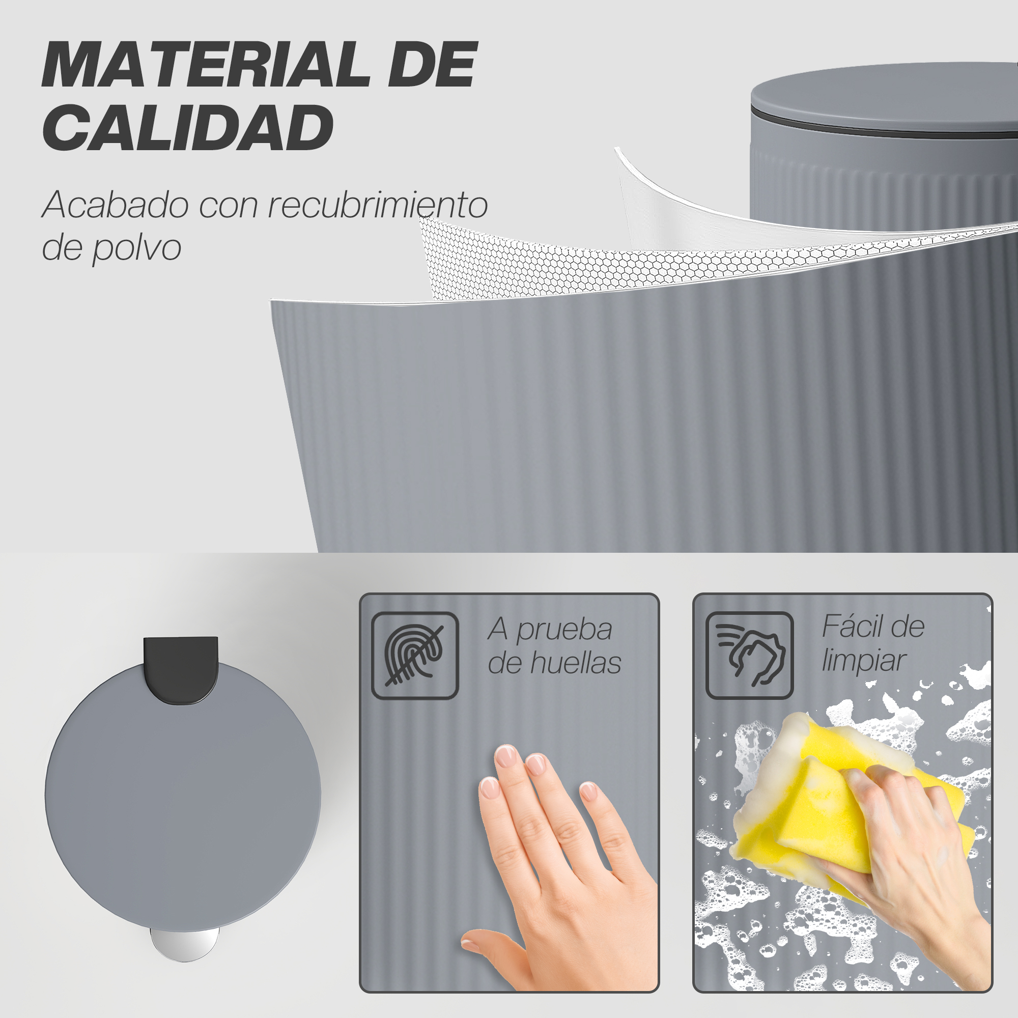 Papelera gris con recubrimiento en polvo, a prueba de huellas y fácil de limpiar.