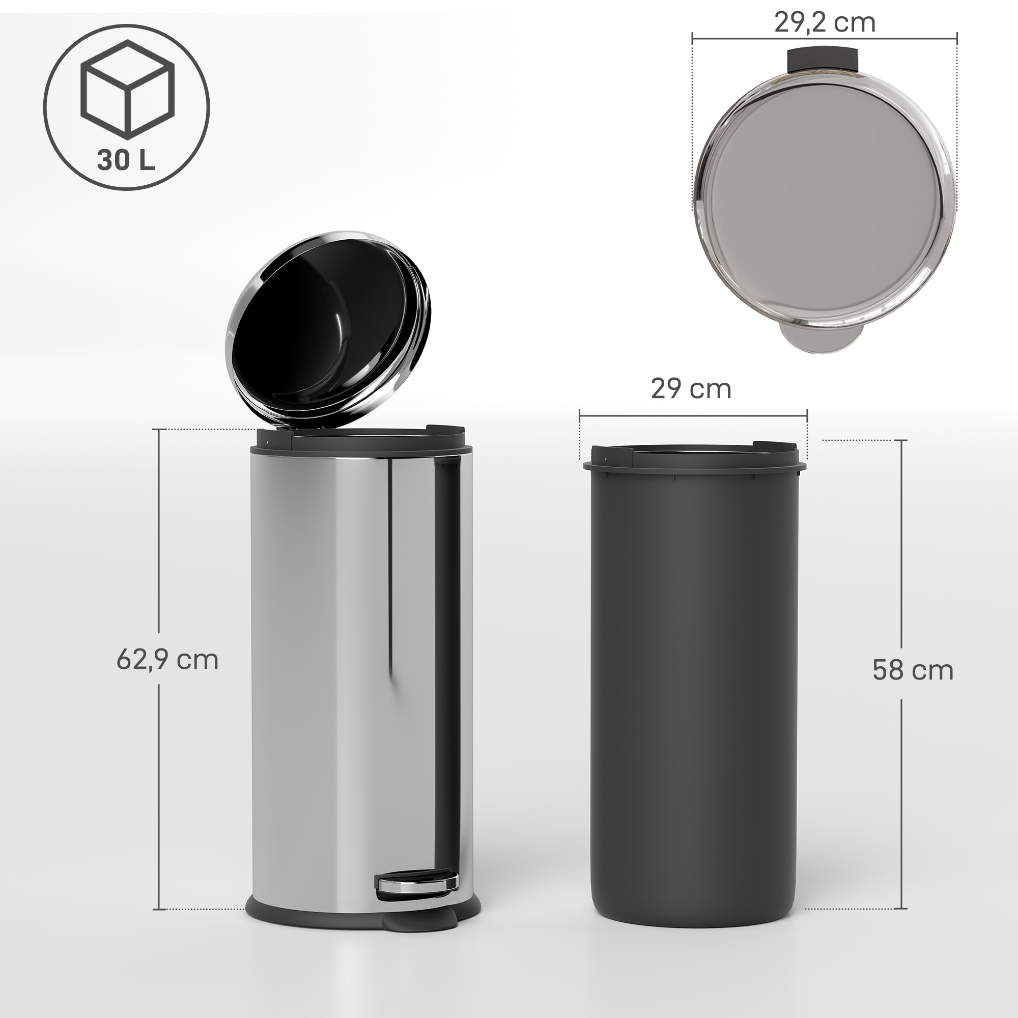 Un cubo de basura plateado con tapa abierta y un cubo interior negro al lado.