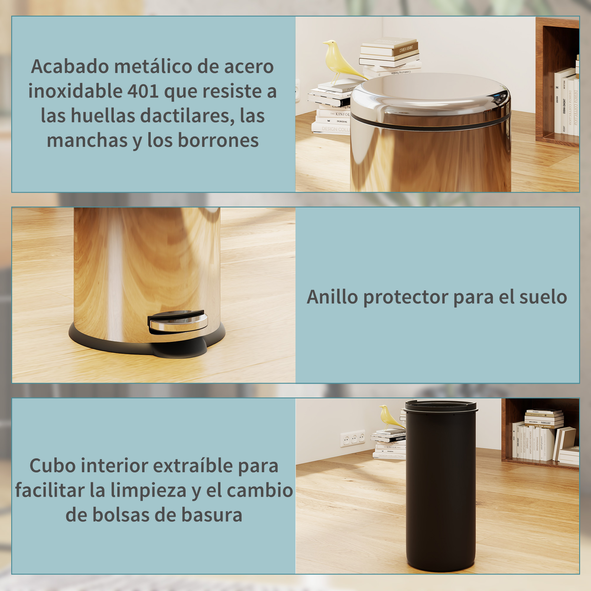 Papelera de acero inoxidable con pedal y cubo interior extraíble.