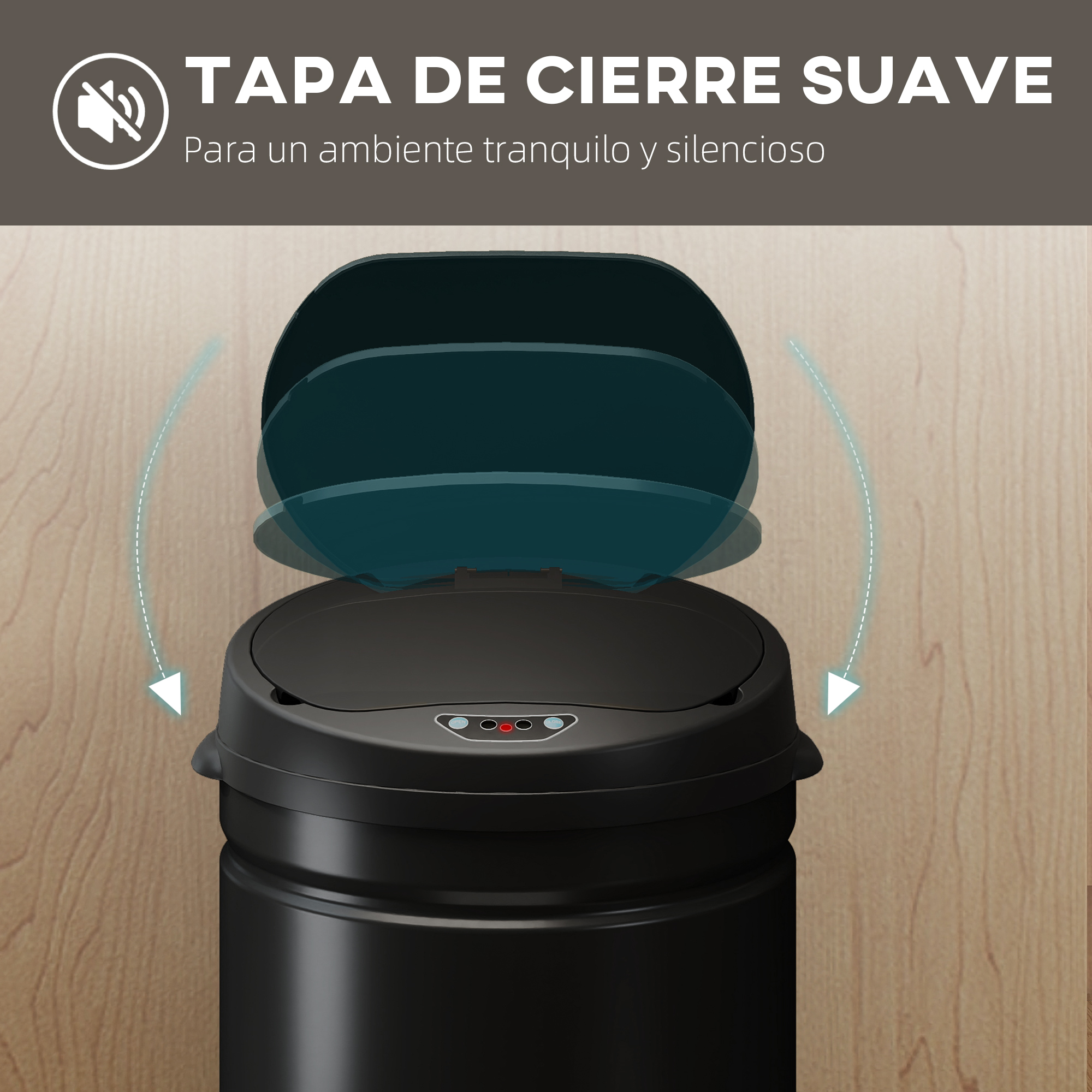 Papelera negra con tapa de cierre suave, sobre fondo de madera.