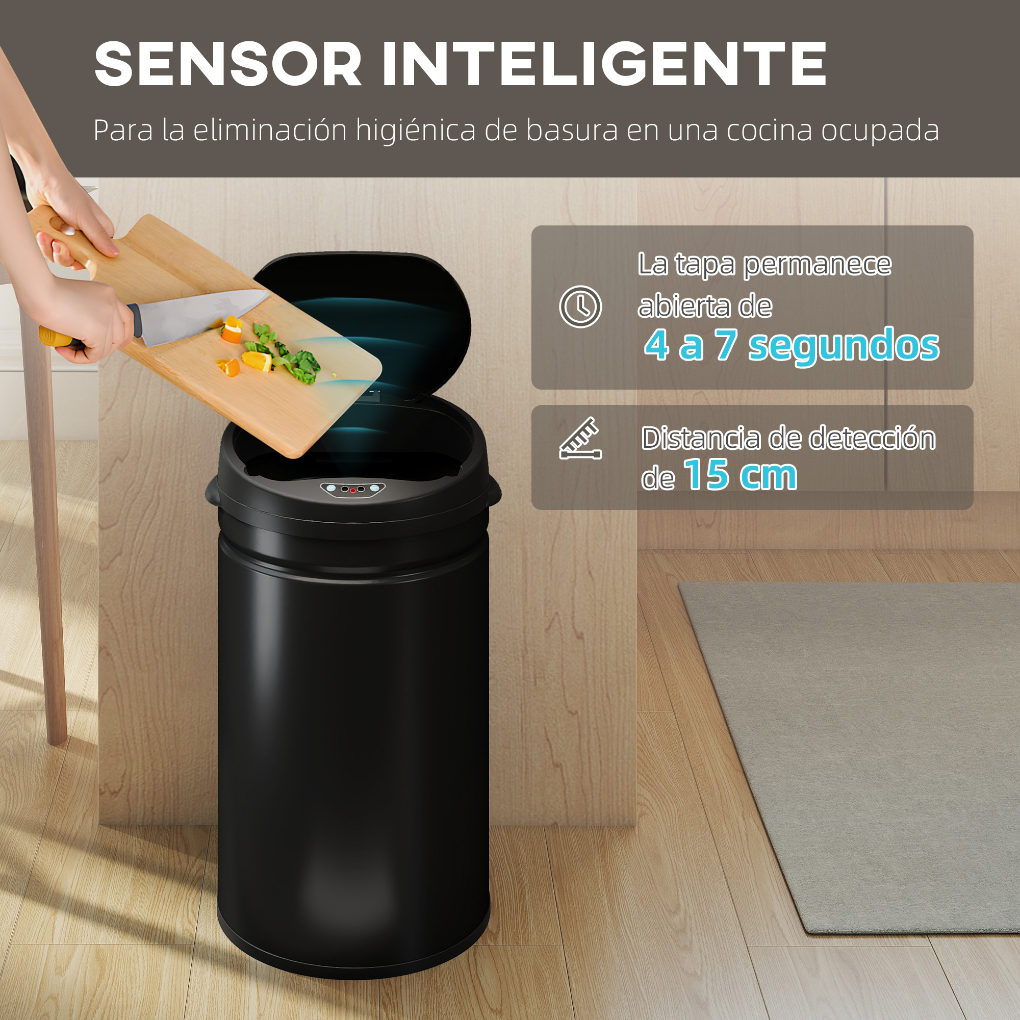 Una persona desecha restos de comida en un cubo de basura negro con sensor.