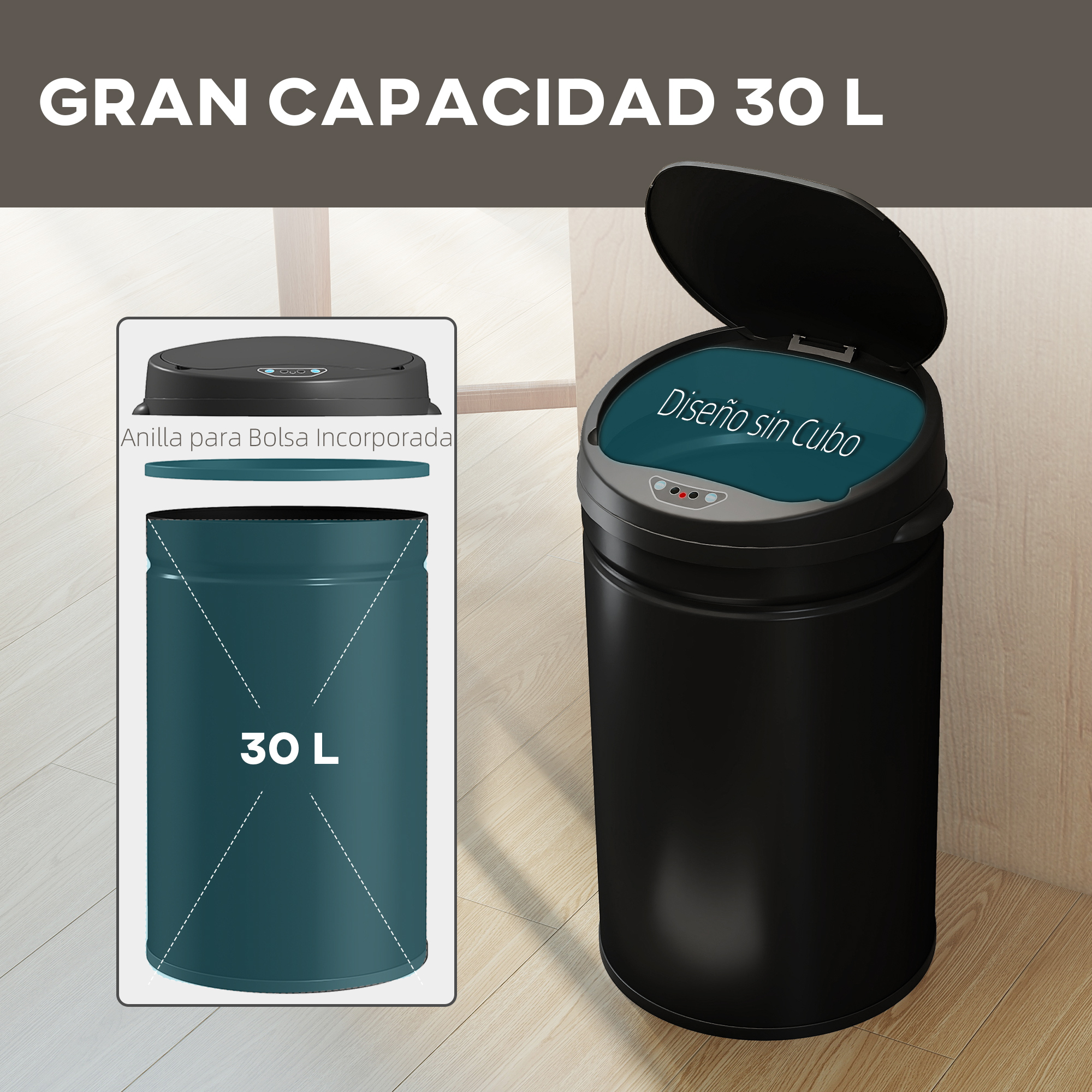 Papelera negra con tapa abierta, capacidad 30L, junto a una ilustración.