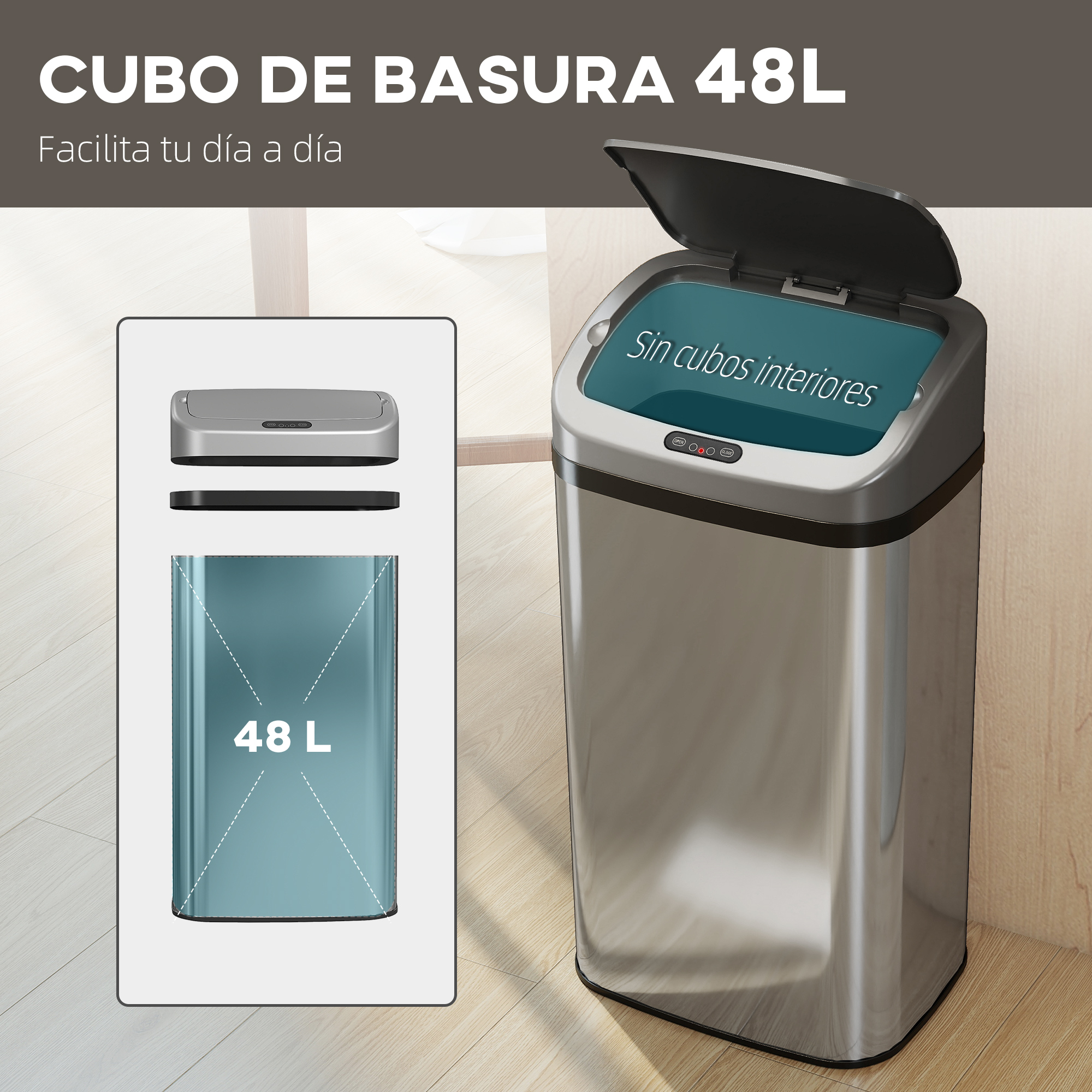Un cubo de basura plateado de 48L con tapa abierta y panel táctil sobre suelo de madera.