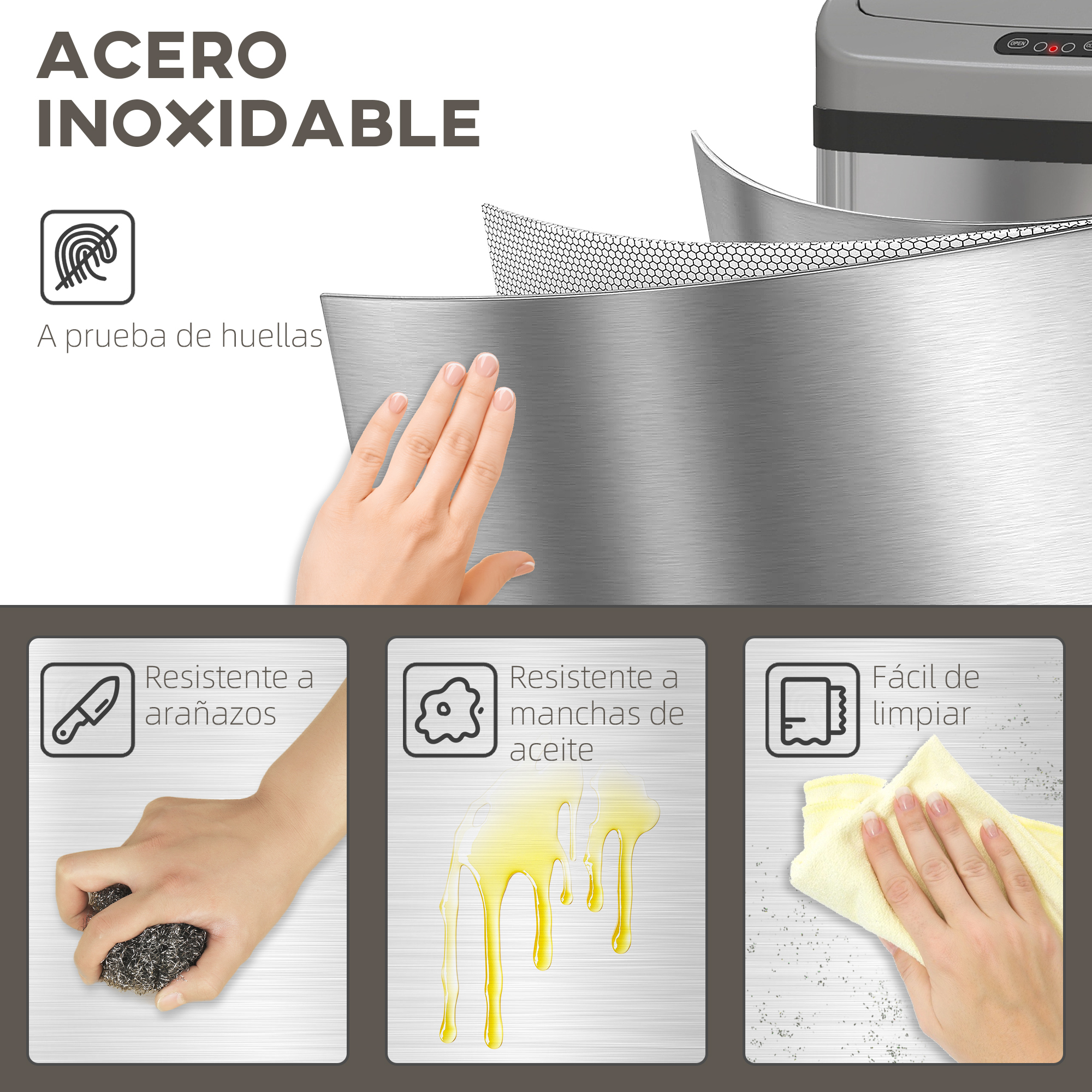 Papelera de acero inoxidable con tres paneles: huellas, arañazos, aceite, limpieza.