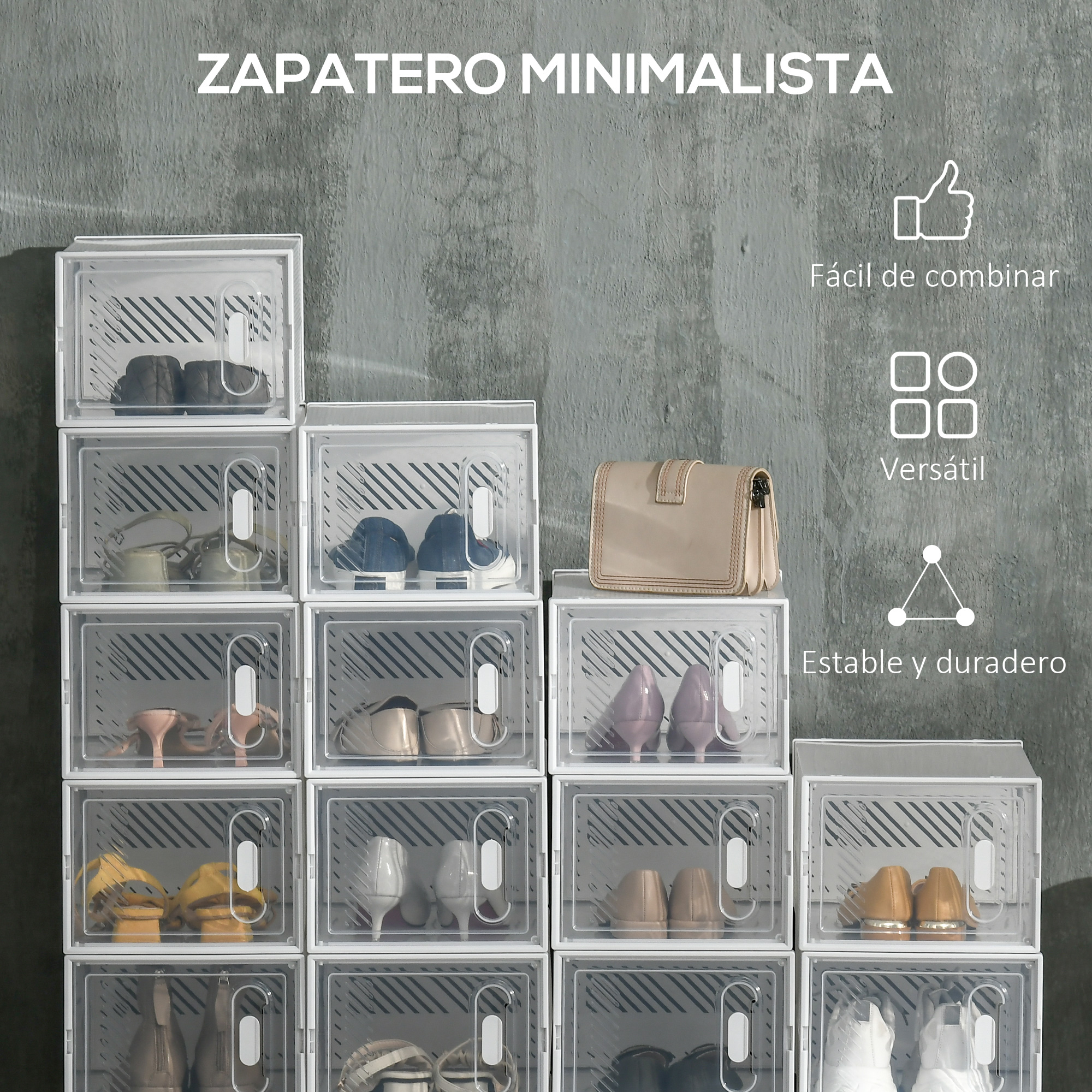 Cajas de zapatos transparentes apilables con varios zapatos y un bolso.