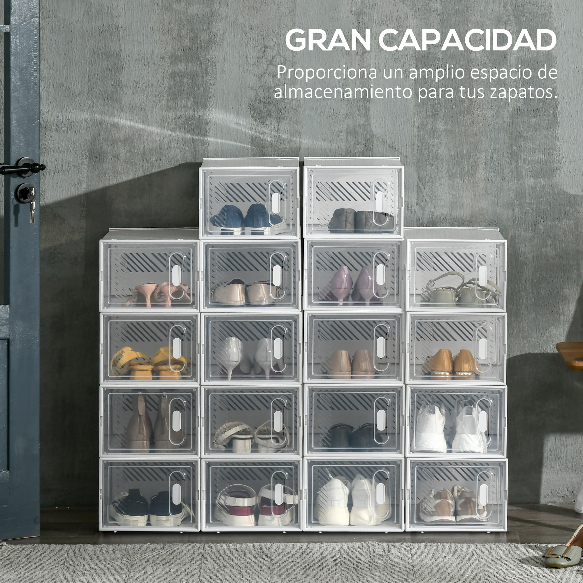 Cajas de zapatos transparentes apilables con varios zapatos.