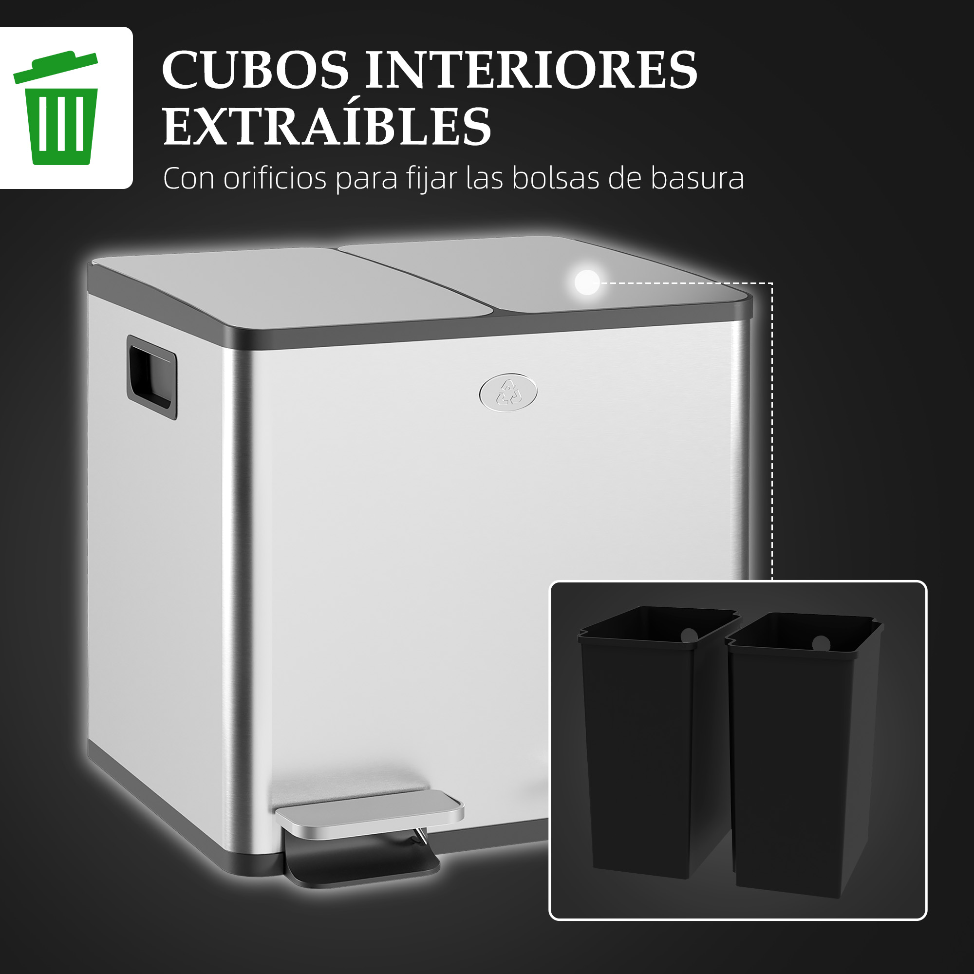 Un cubo de basura plateado con dos compartimentos y un pedal.