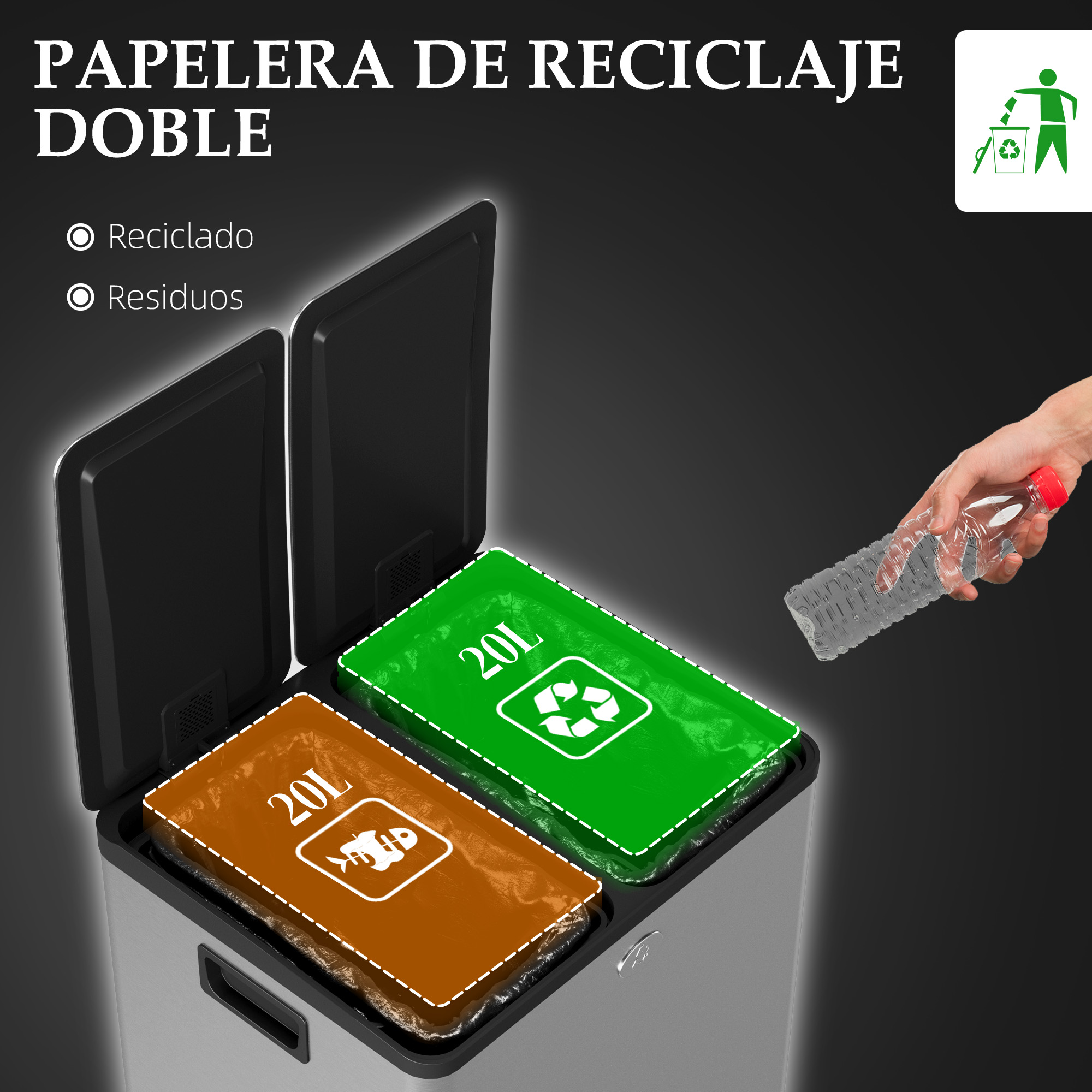 Una mano arroja una botella de plástico aplastada en un cubo doble plateado con compartimentos verdes y marrones.