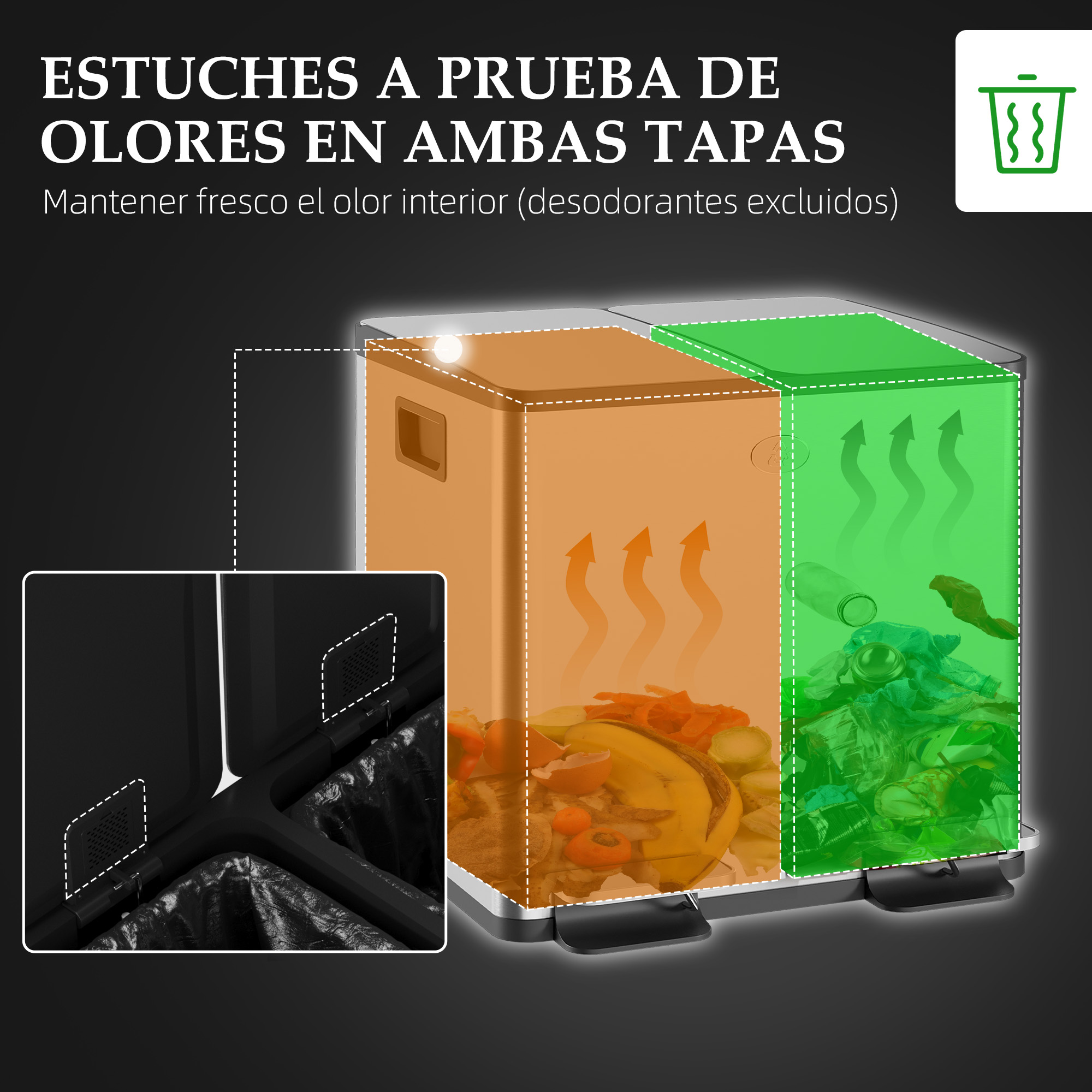 Dos compartimentos de basura: orgánico y reciclable, con ventilación.