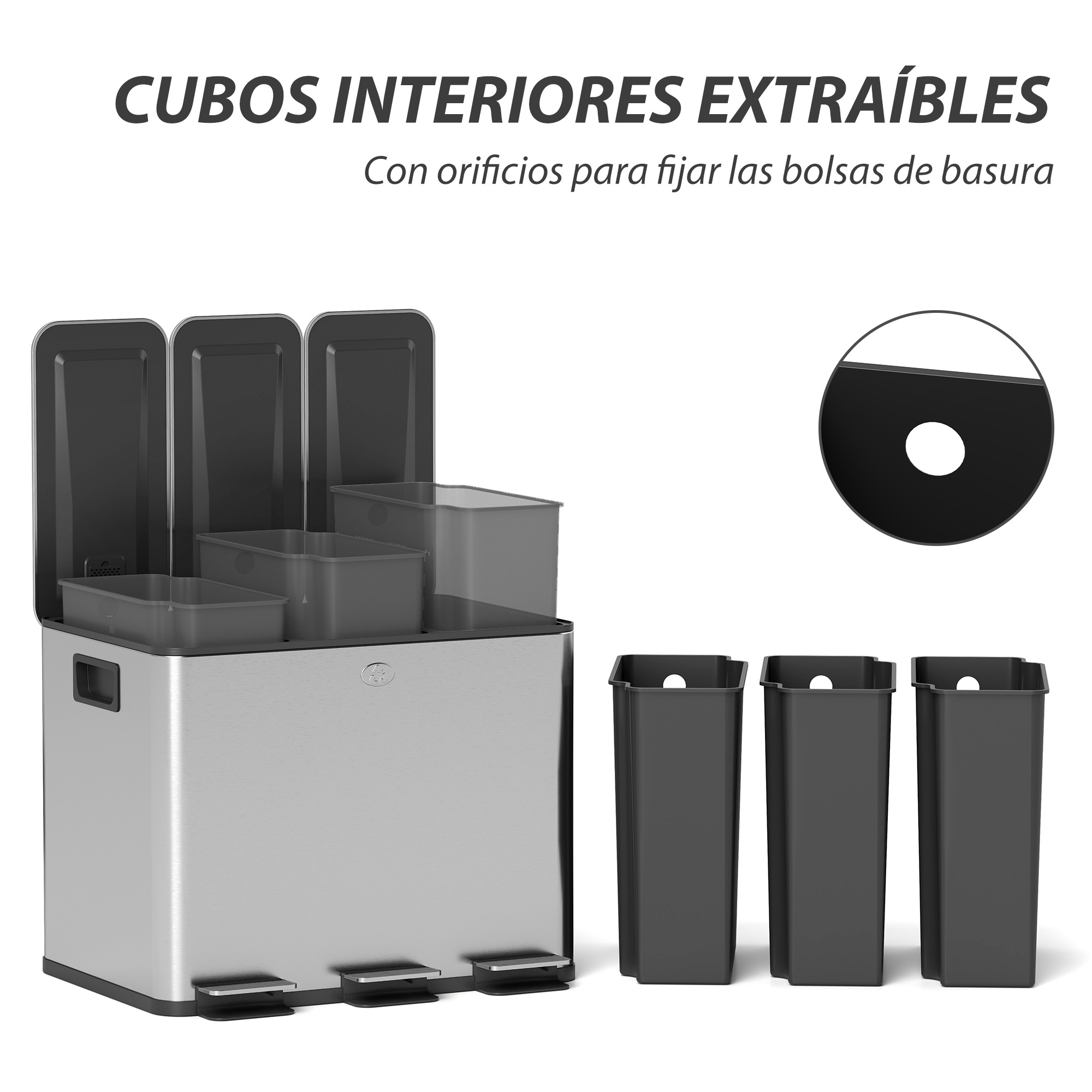 Papelera plateada con tres cubos interiores extraíbles y fijación de bolsas.