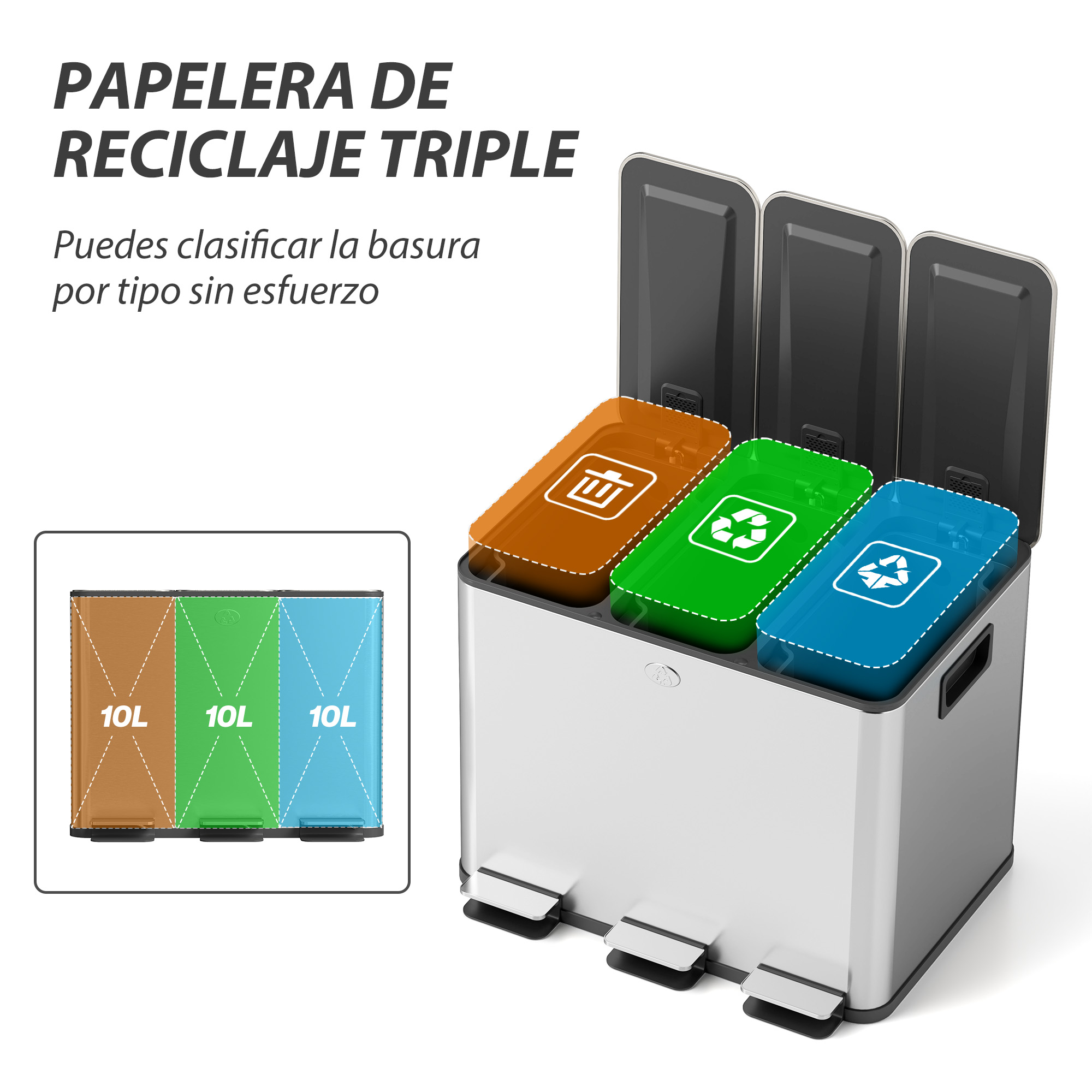 Un cubo de reciclaje triple plateado con compartimentos marrón, verde y azul.