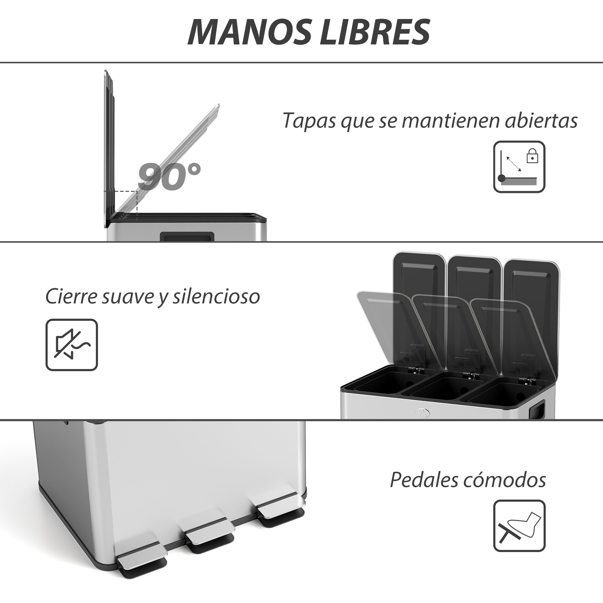 Un cubo de basura plateado con tres compartimentos y pedales. Las tapas permanecen abiertas.