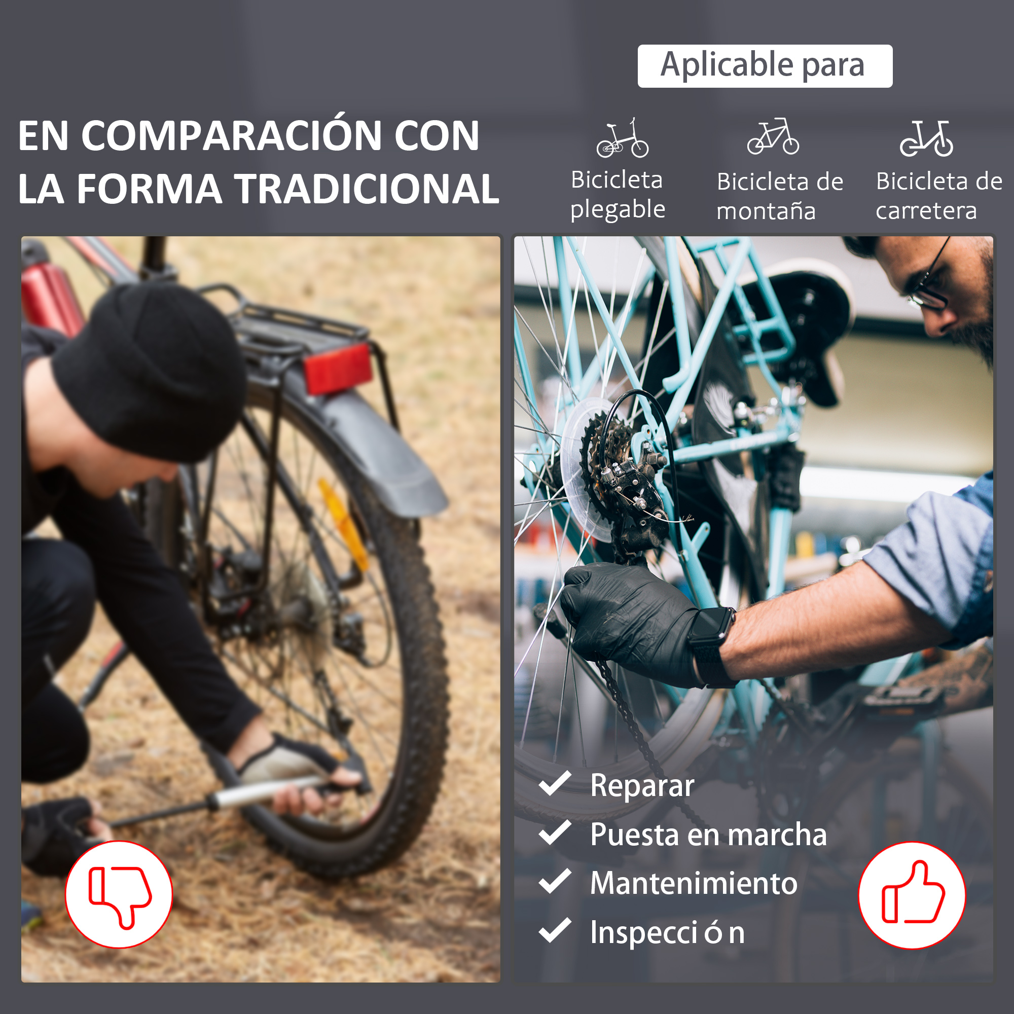 Hombre infla bici a la izq., hombre repara bici a la der. Aplicable a varias bicis.