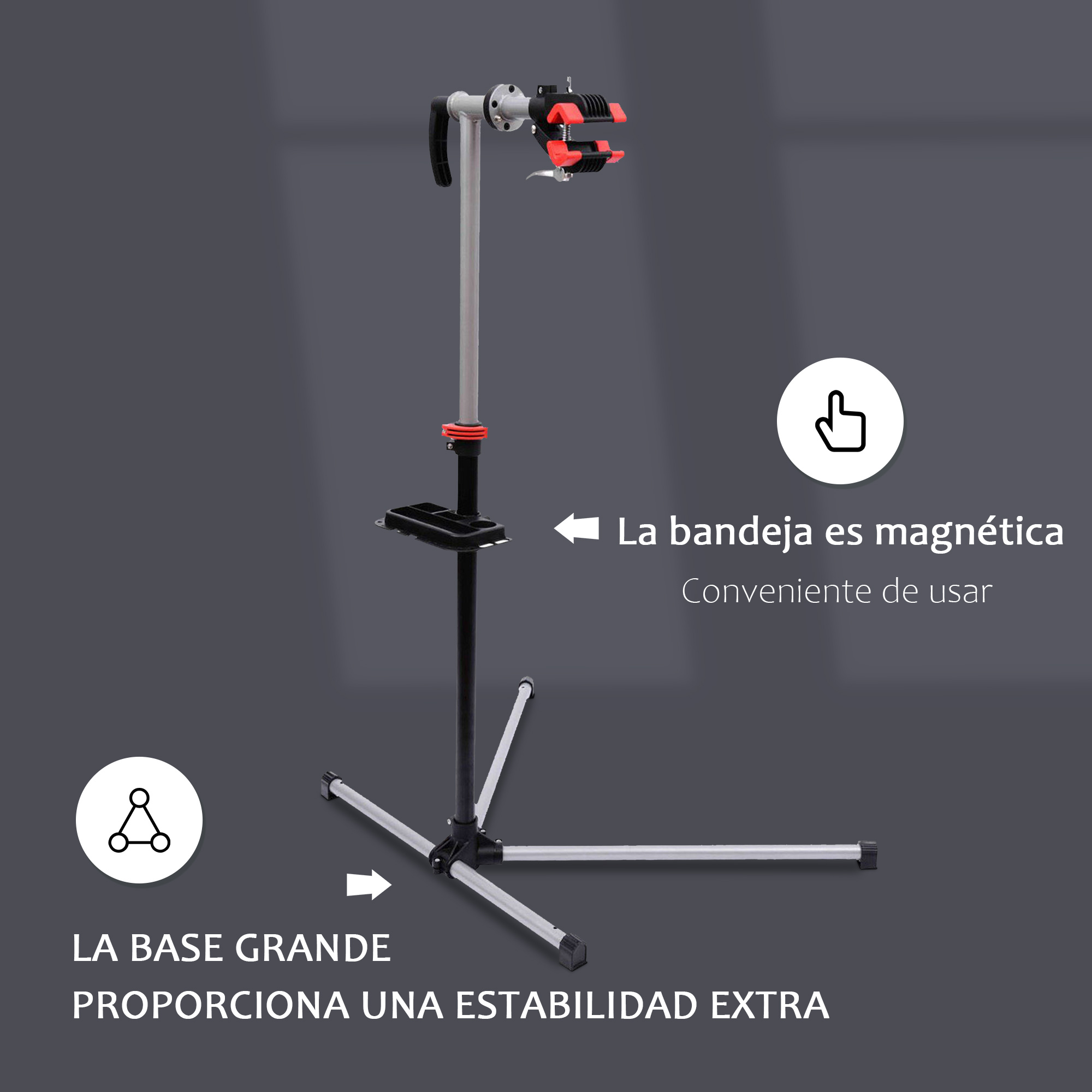 Soporte de reparación de bicicletas con base ancha y bandeja magnética.