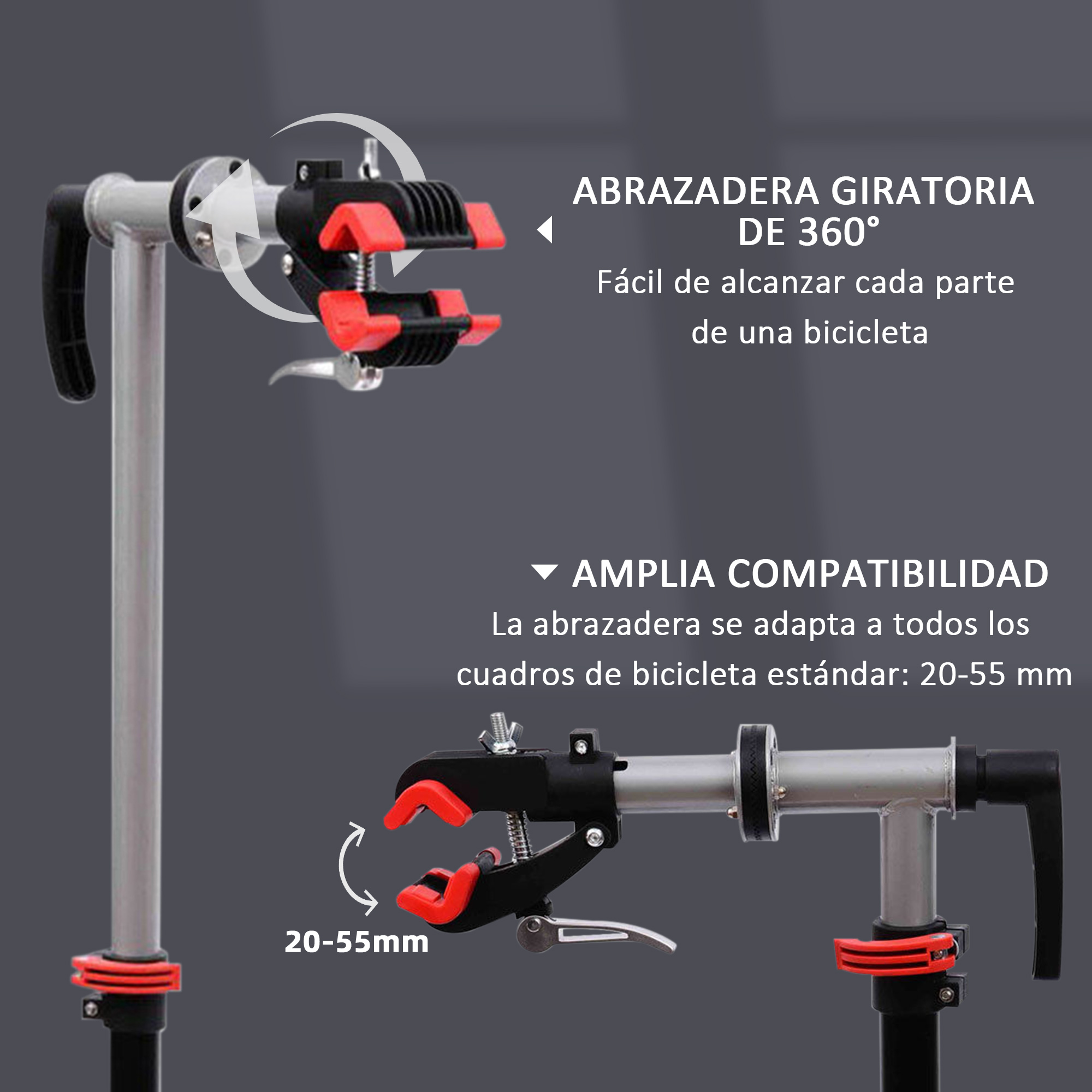 Soporte de reparación de bicicletas con pinza giratoria 360° para 20-55mm.