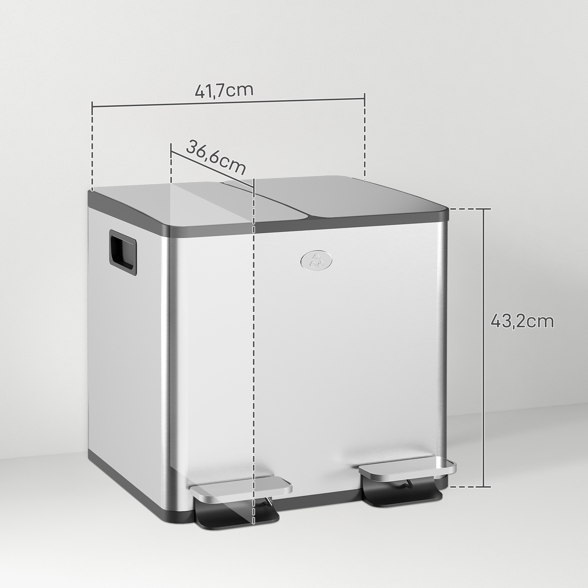 Un cubo de basura plateado de doble compartimento con pedales. Se indican las dimensiones.