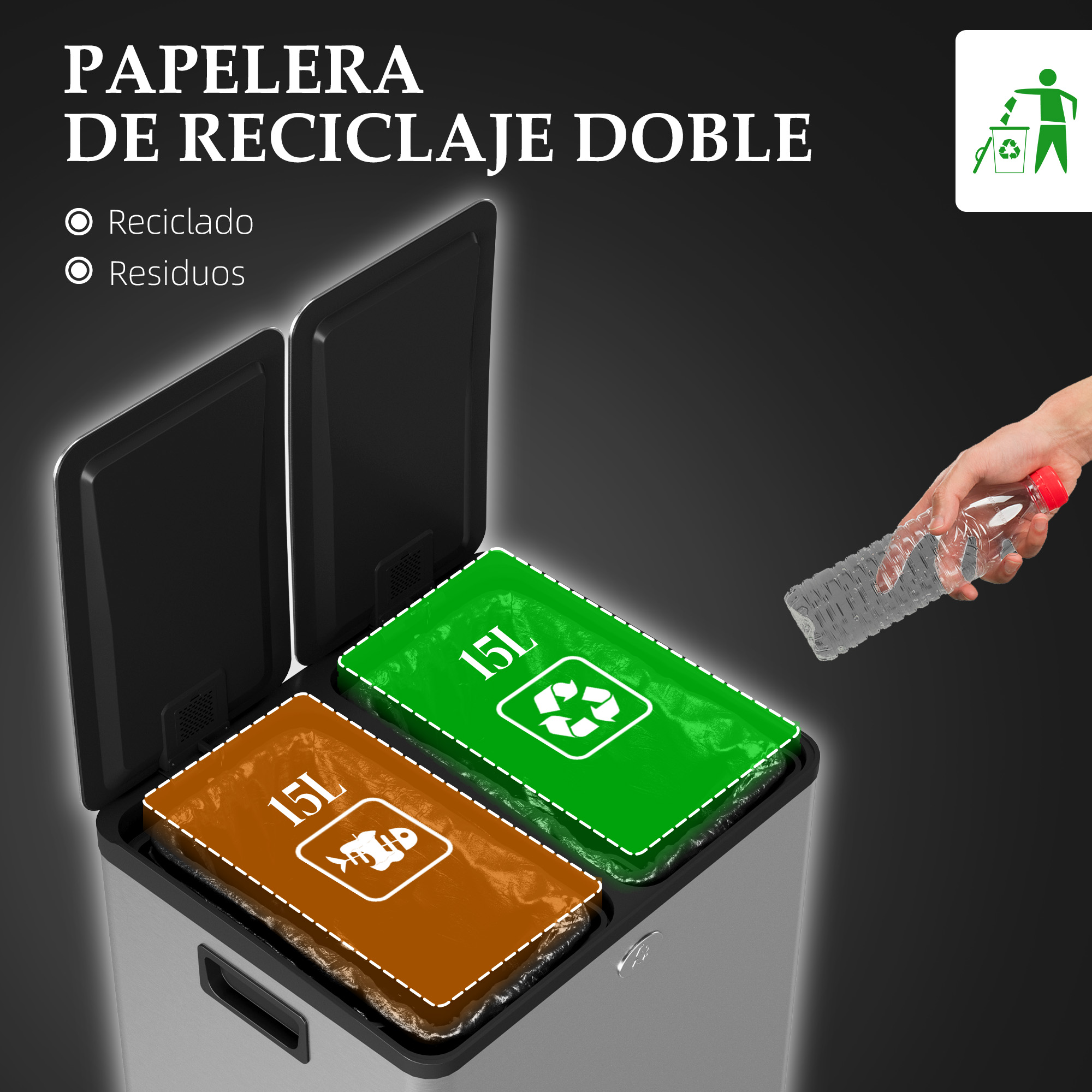 Un cubo de basura doble plateado con tapas negras abiertas. Un cubo es verde con símbolo de reciclaje, el otro es marrón.