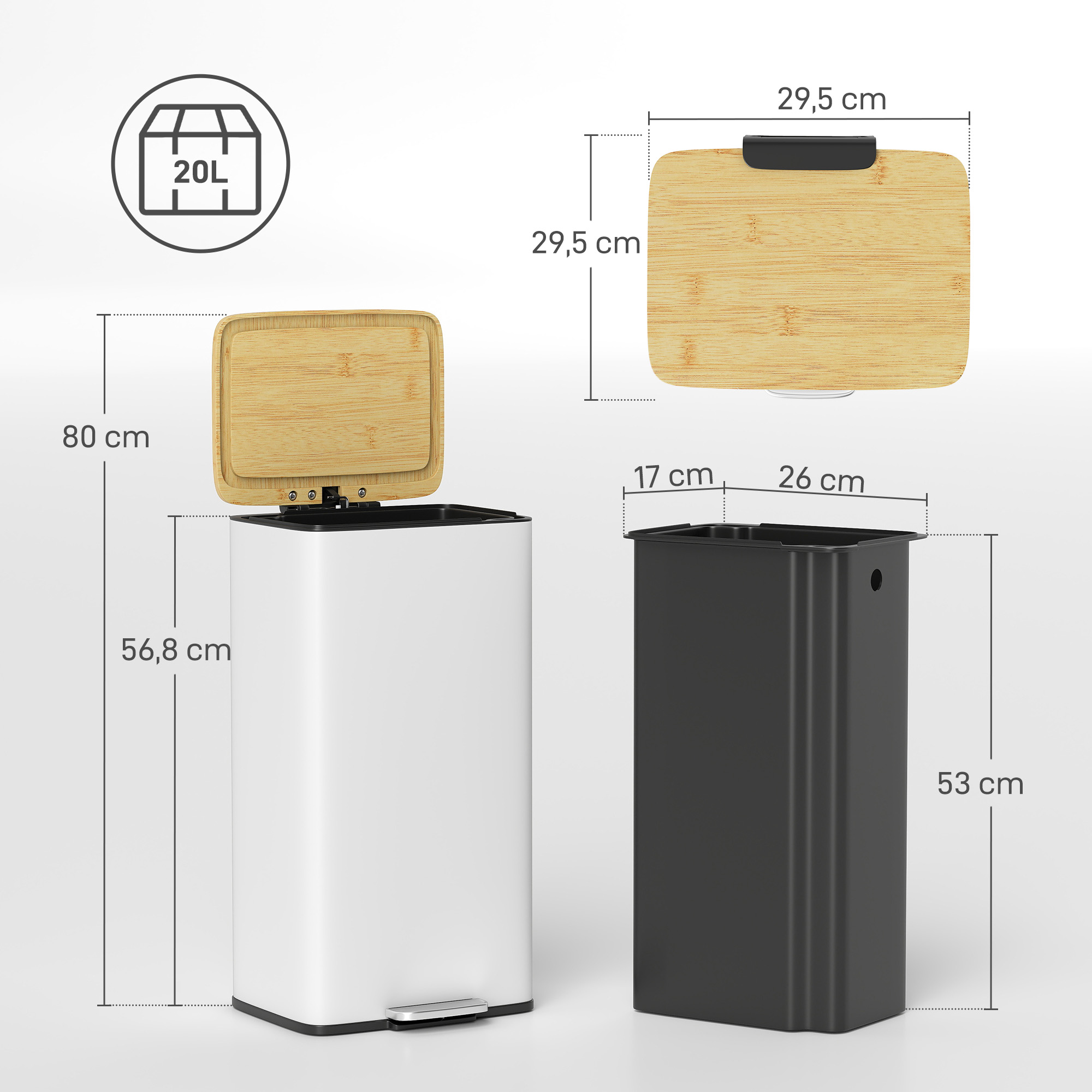 Un cubo de basura blanco con tapa y un cubo interior negro al lado. Se muestran las dimensiones.