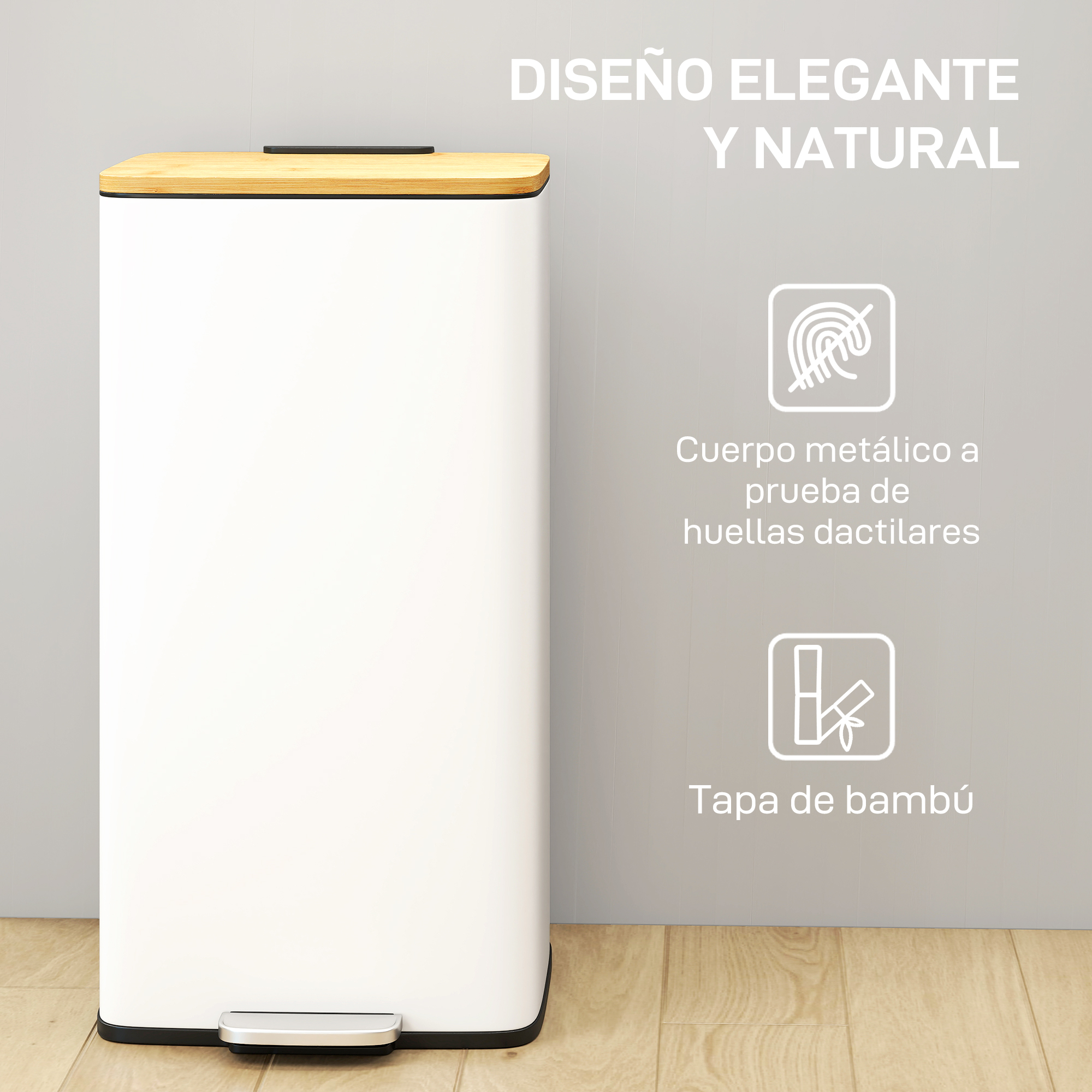 Papelera blanca con tapa de bambú y pedal, resistente a huellas.