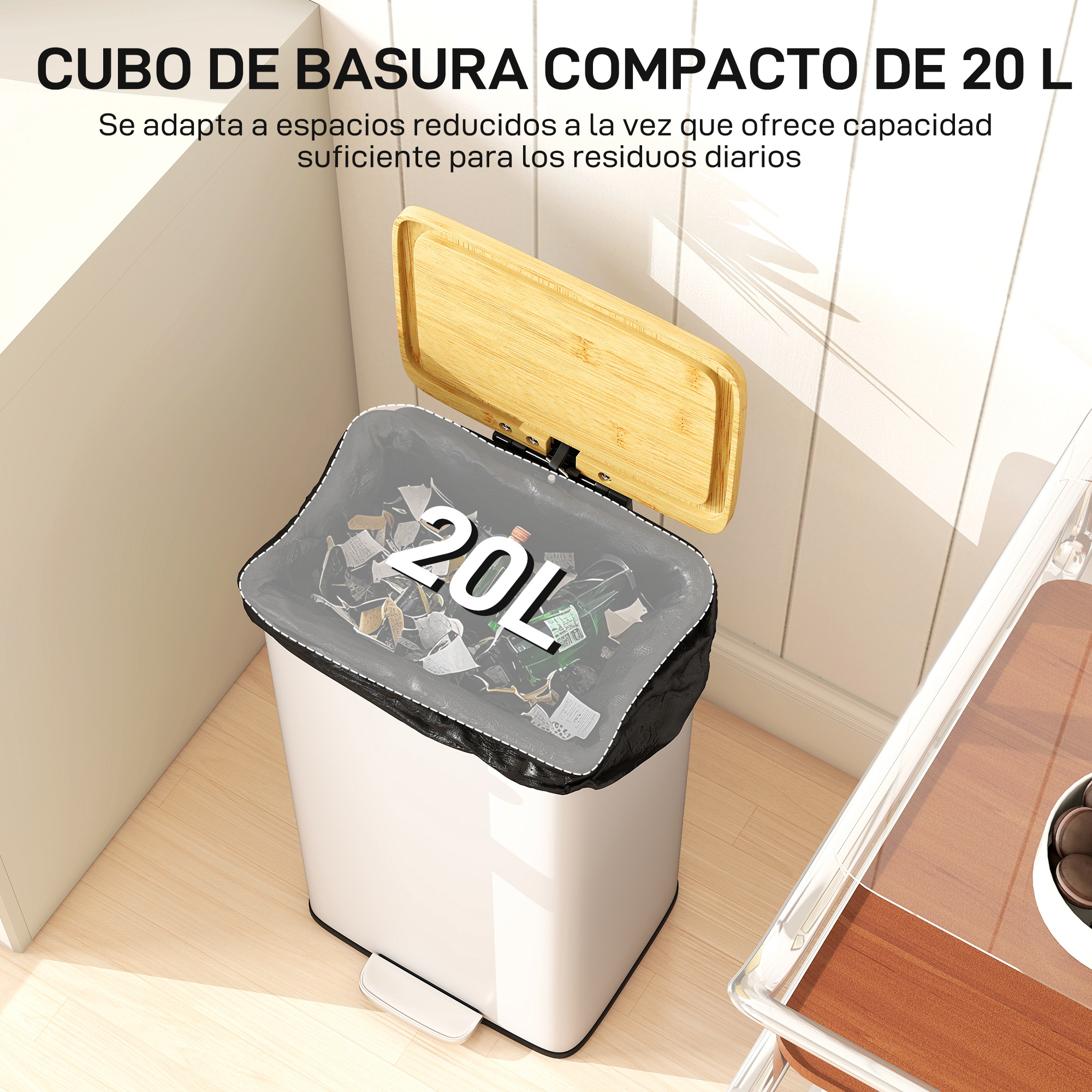 Un cubo de basura blanco de 20L con tapa de madera abierta.
