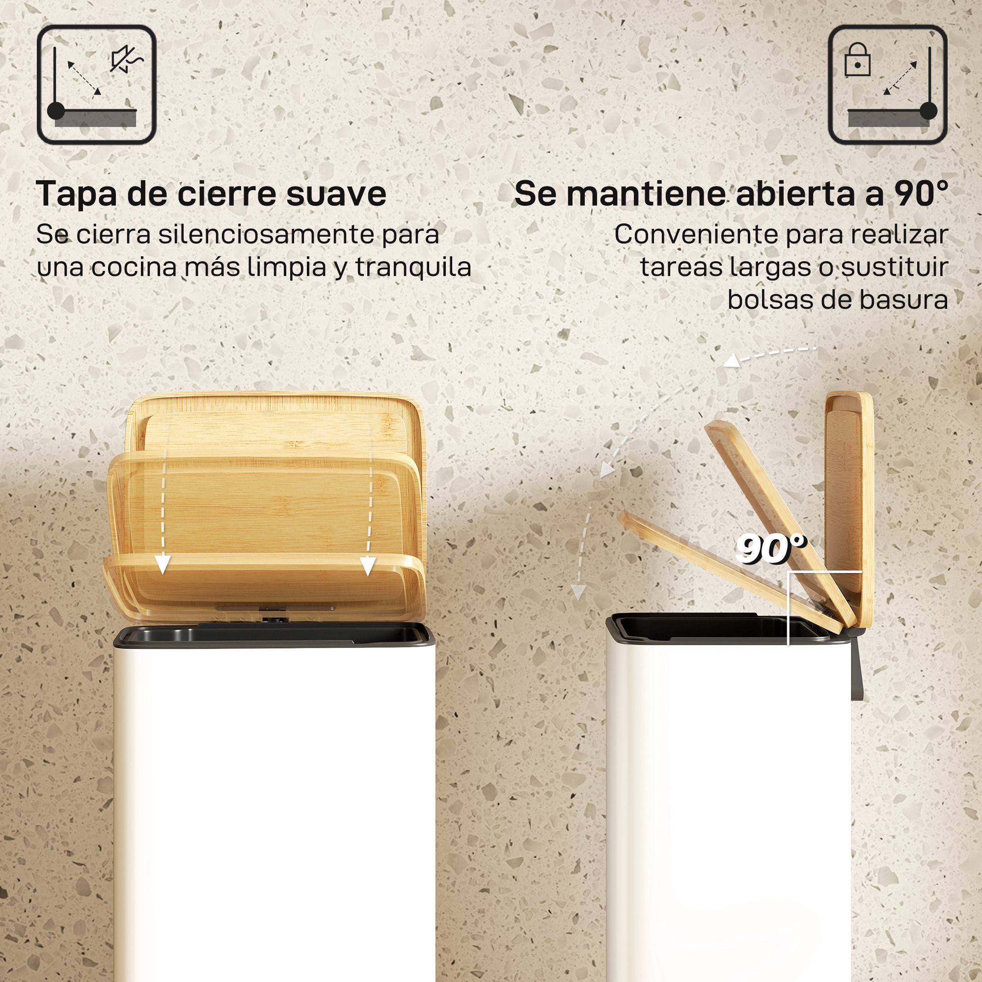 Dos cubos de basura blancos con tapas de madera; uno cierra suave, otro se abre 90°.