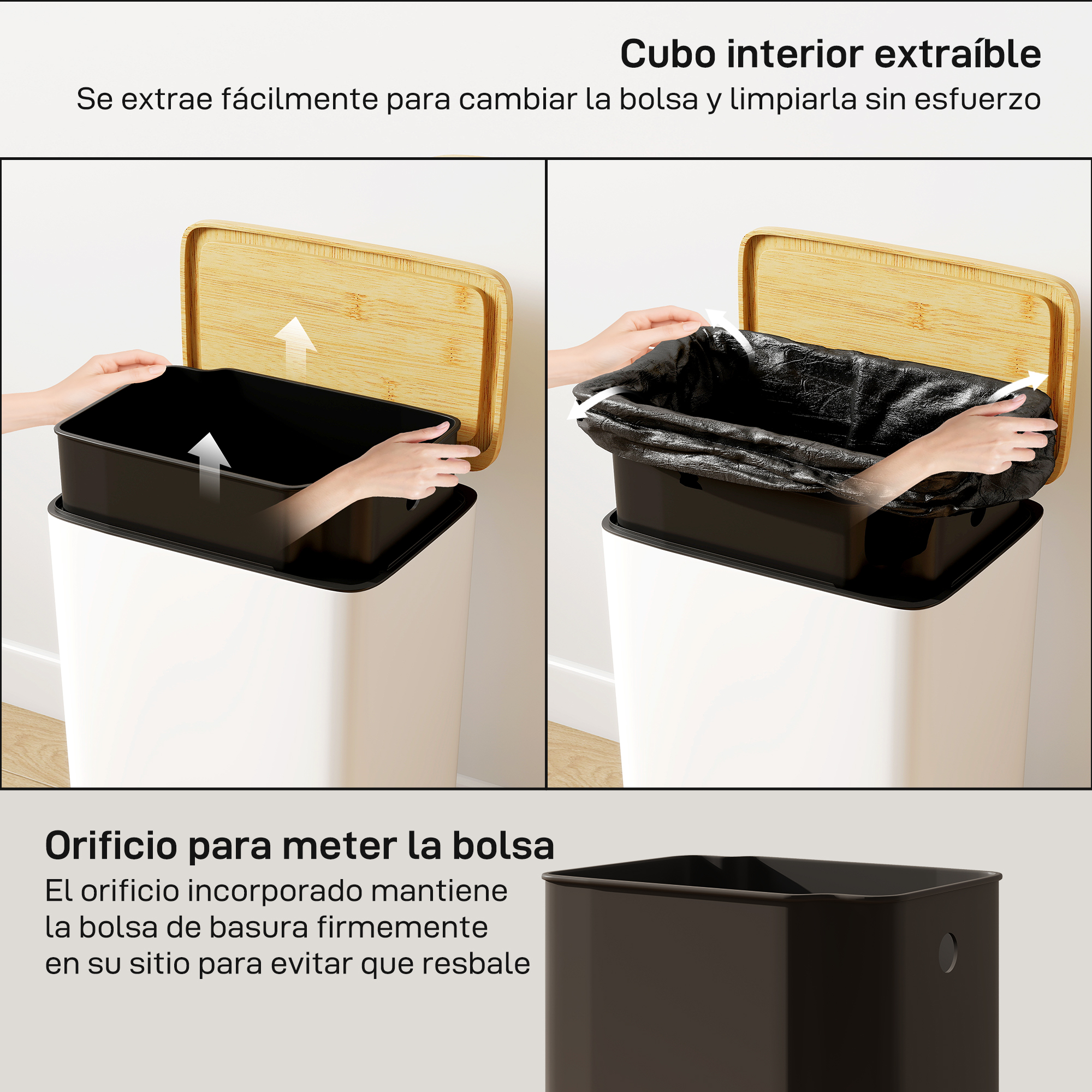 Se inserta una bolsa negra en el contenedor interior extraíble de un cubo blanco.