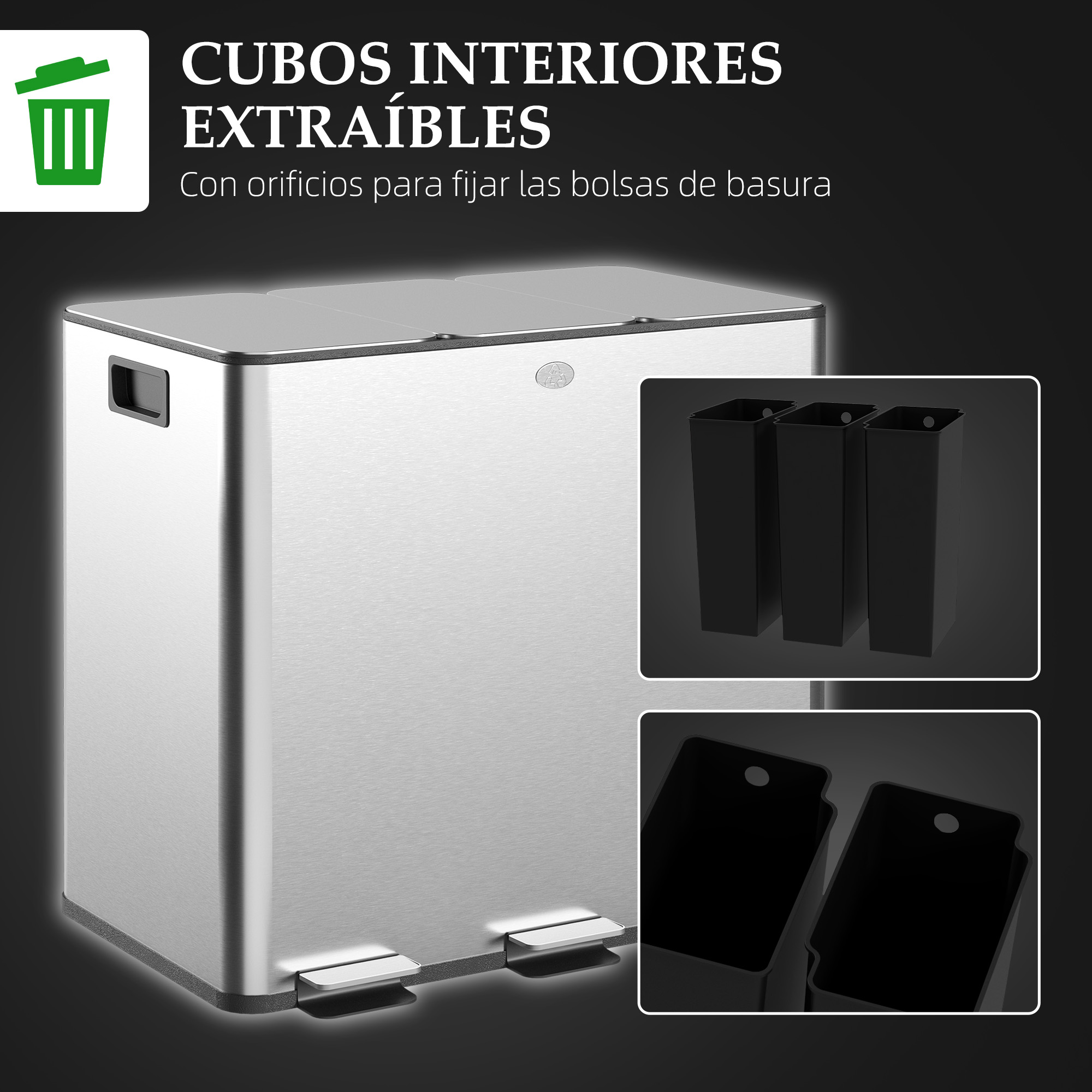 Papelera de acero inoxidable con dos pedales y cubos interiores extraíbles.