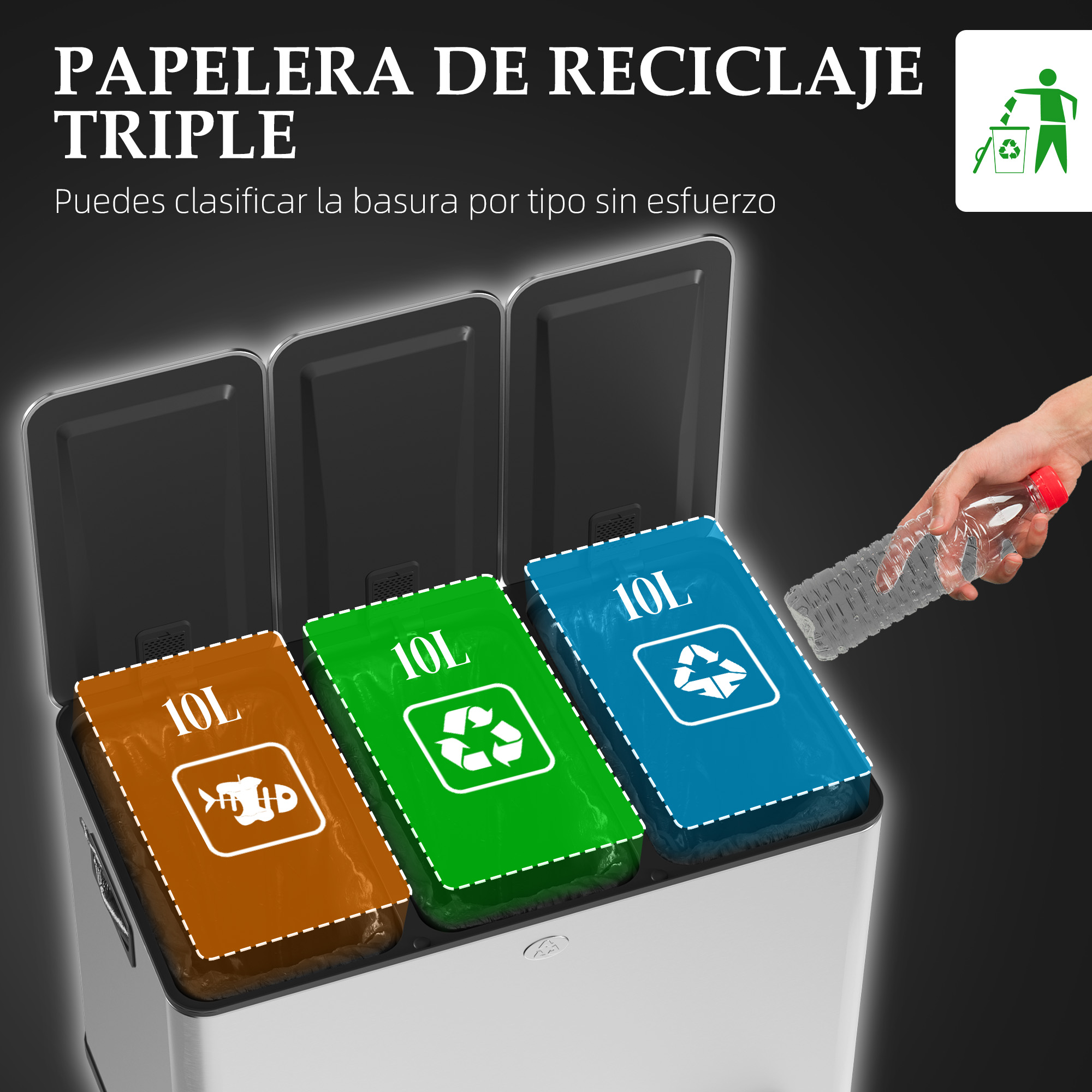 Un cubo de reciclaje plateado triple con compartimentos marrón, verde y azul.