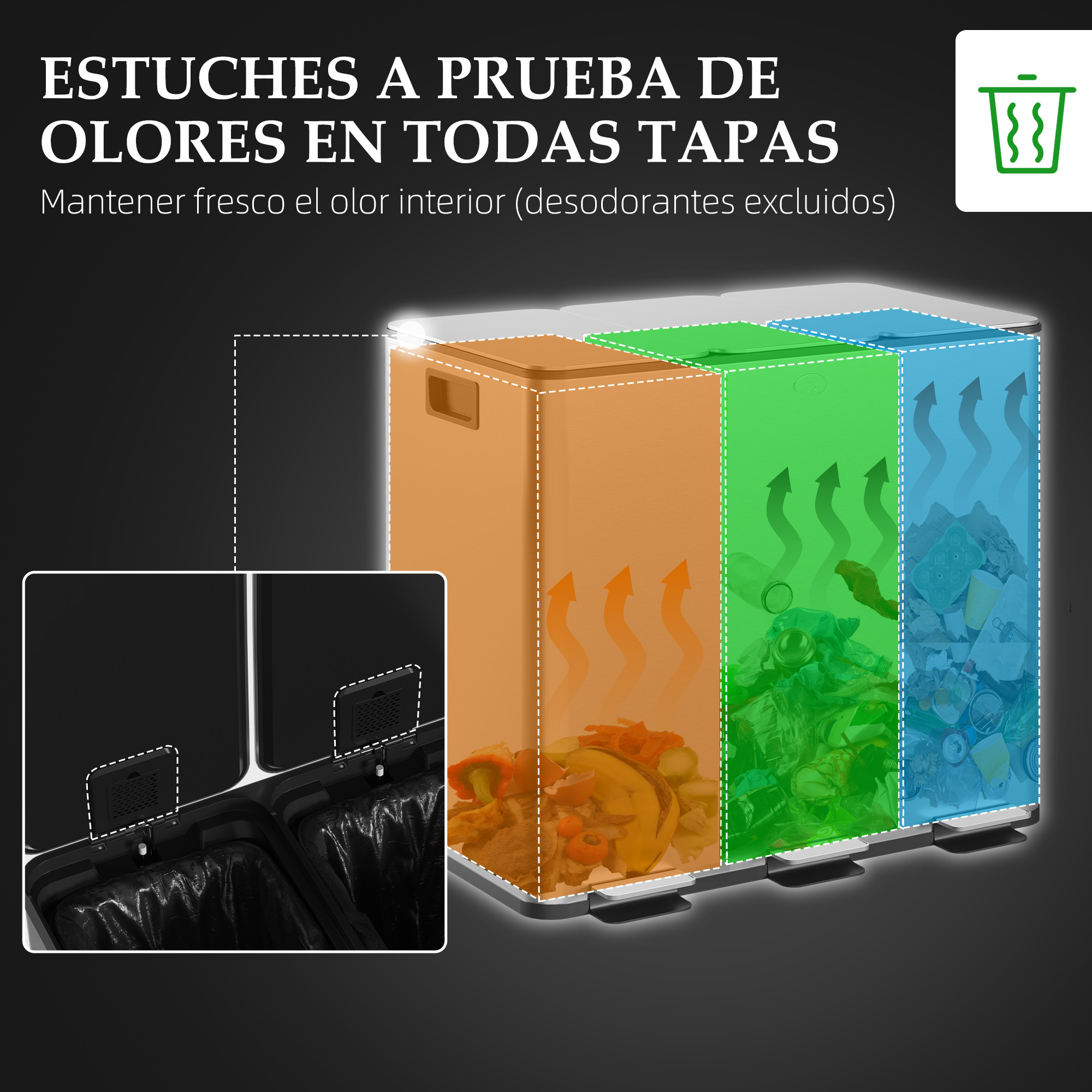 Contenedores a prueba de olores con tres compartimentos: orgánico, verde, reciclables.