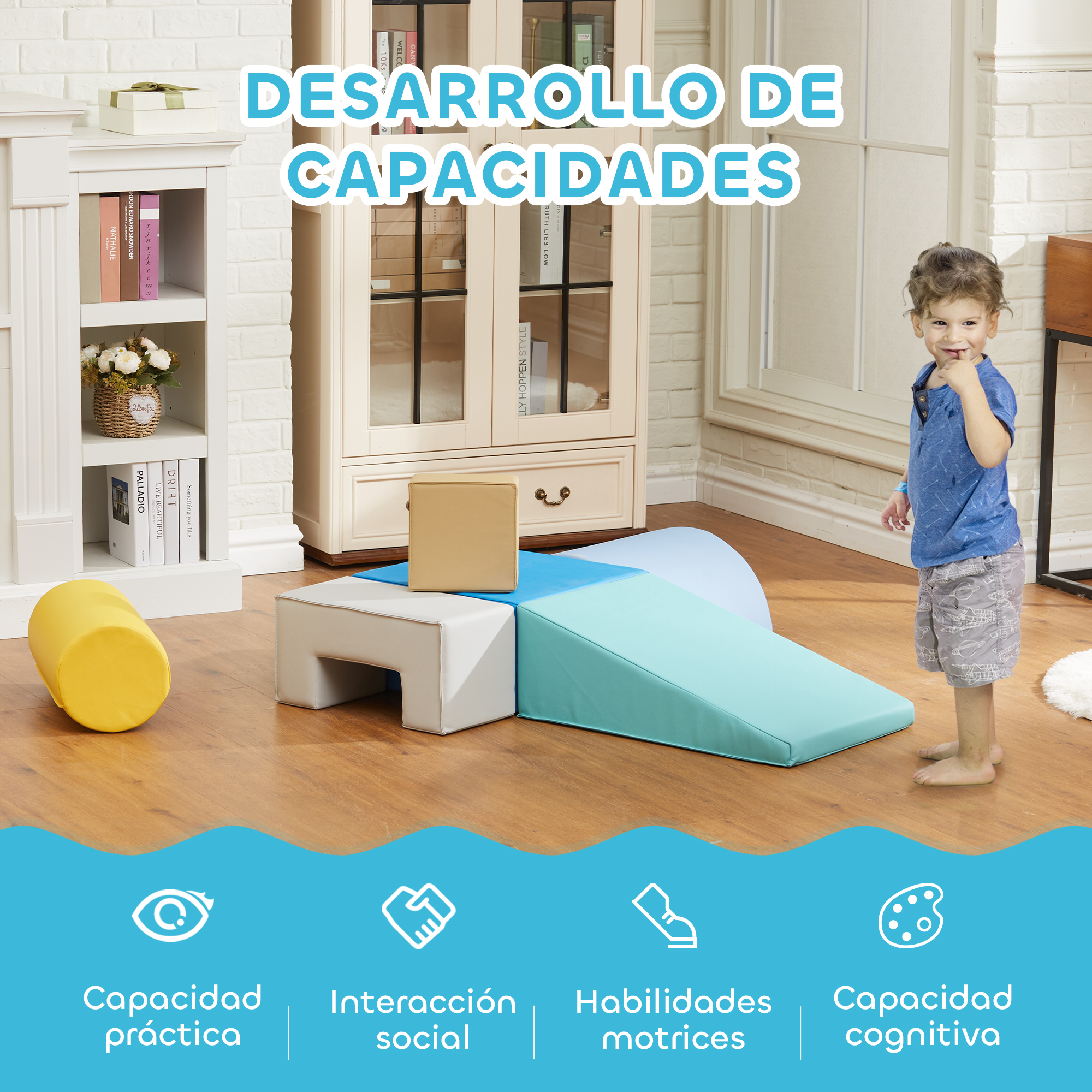Un niño pequeño está junto a equipo de juego colorido frente a estantes.