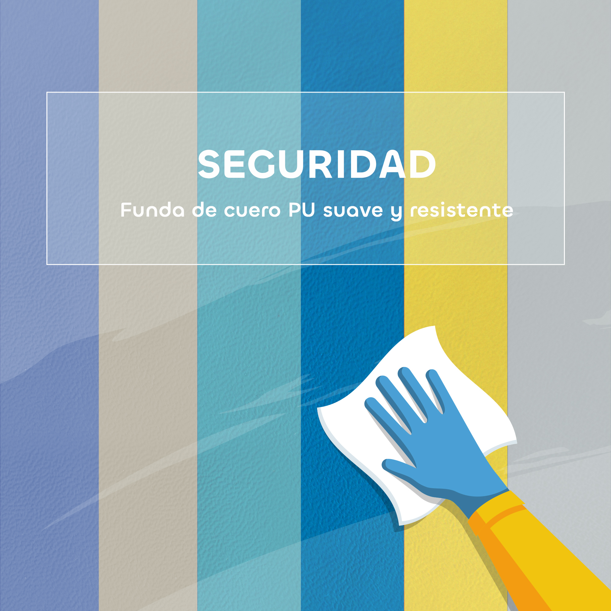 Mano azul limpia sobre rayas de colores. Texto: SEGURIDAD.