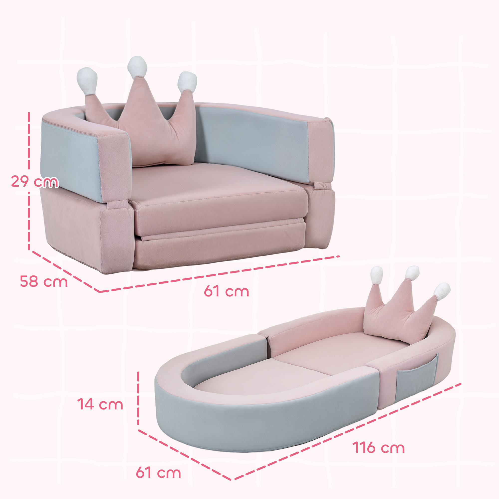 Un sillón infantil rosa y gris que se puede convertir en cama.