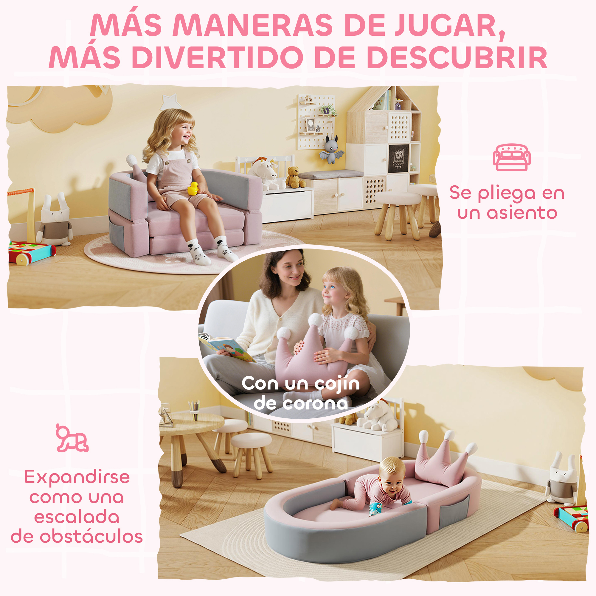 Niños juegan en un área de juegos rosa con cojines y juguetes.