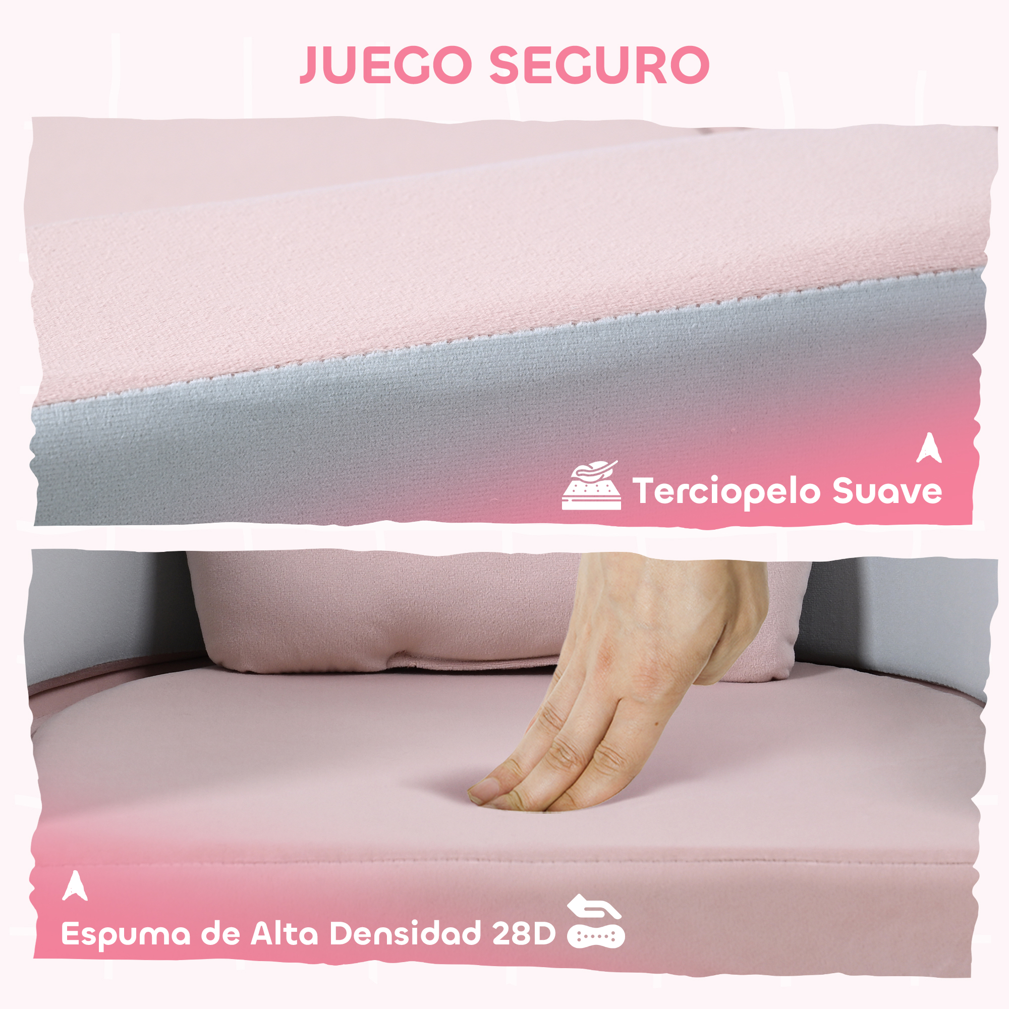 Tela rosa con textura suave y base de espuma. Mano presiona espuma blanda.