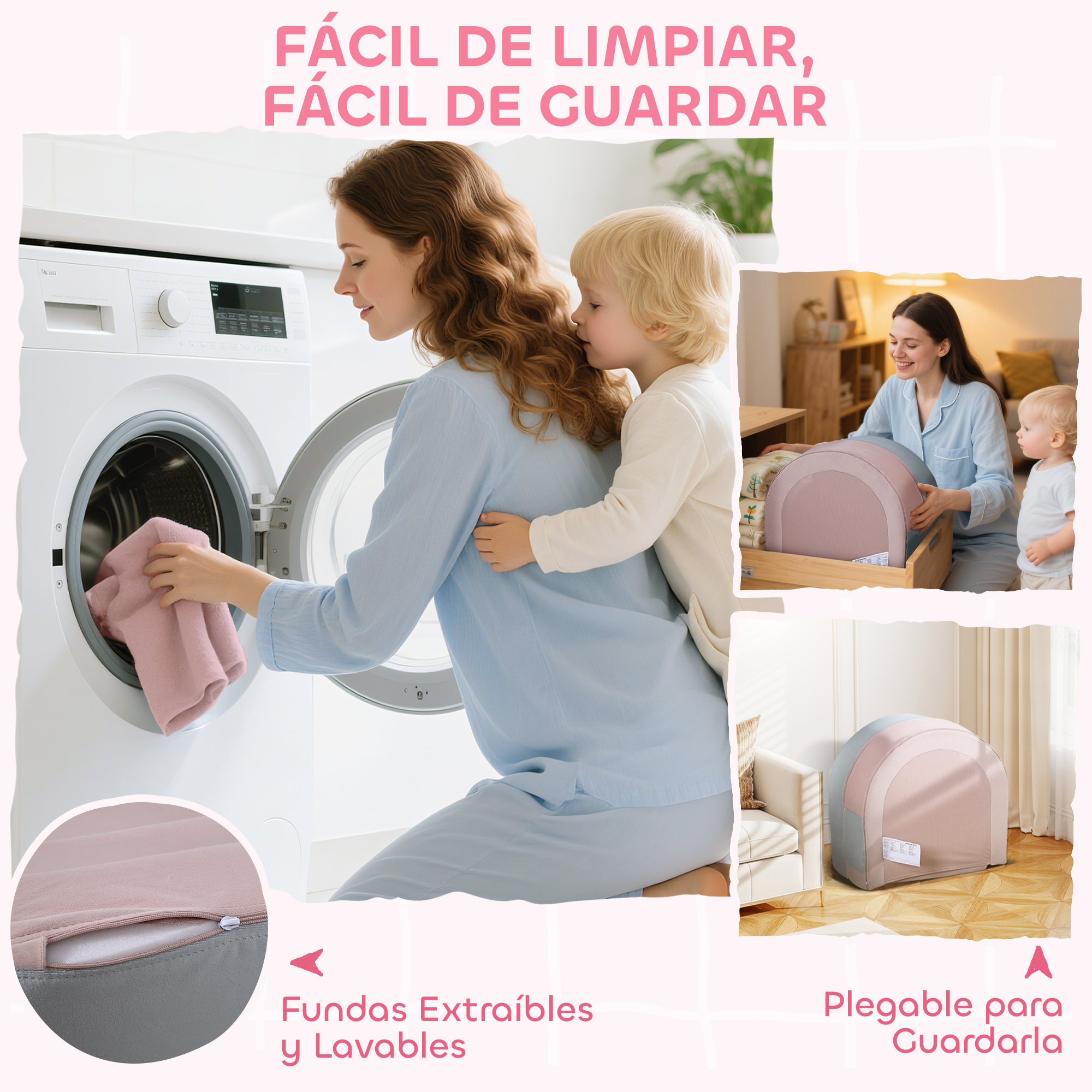 Mujer mete ropa en lavadora, niño al lado. Inset: mujer con niño, cama plegable.