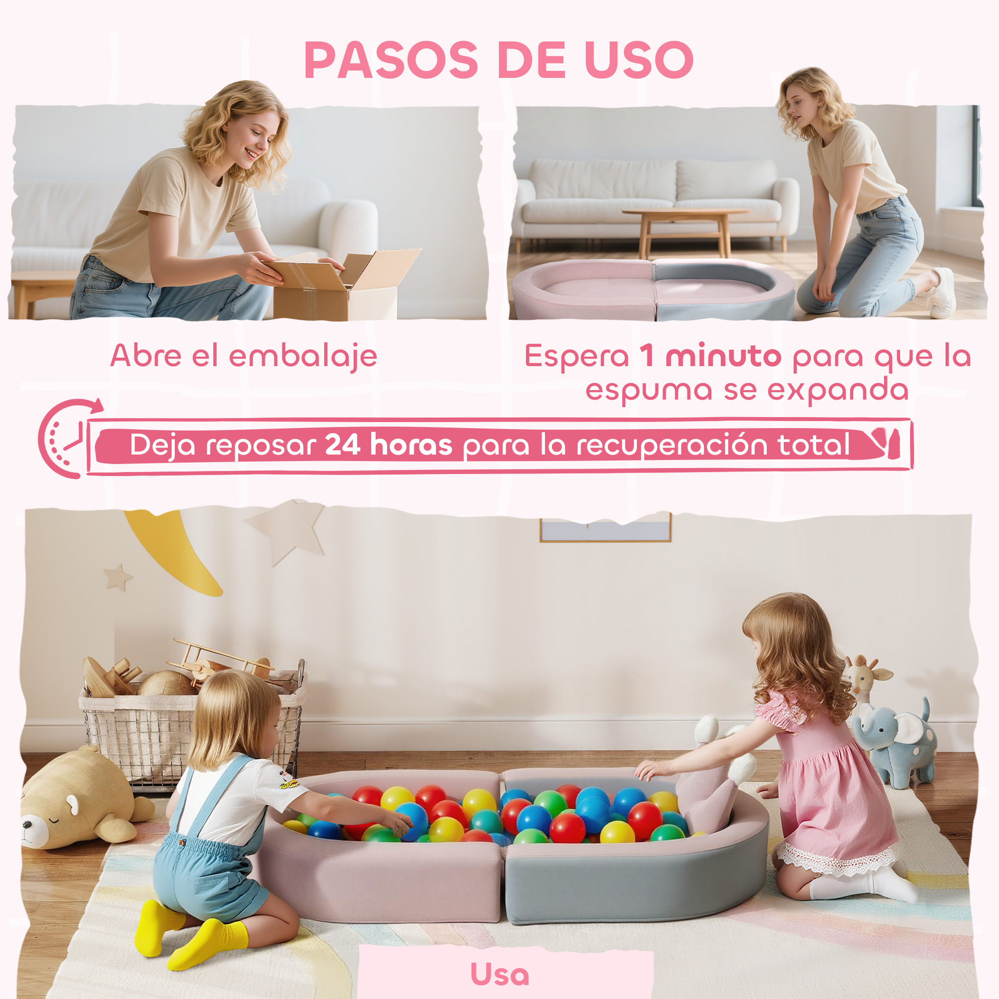 Dos niños juegan en una piscina de bolas con pelotas de colores. Un oso y juguetes cerca.