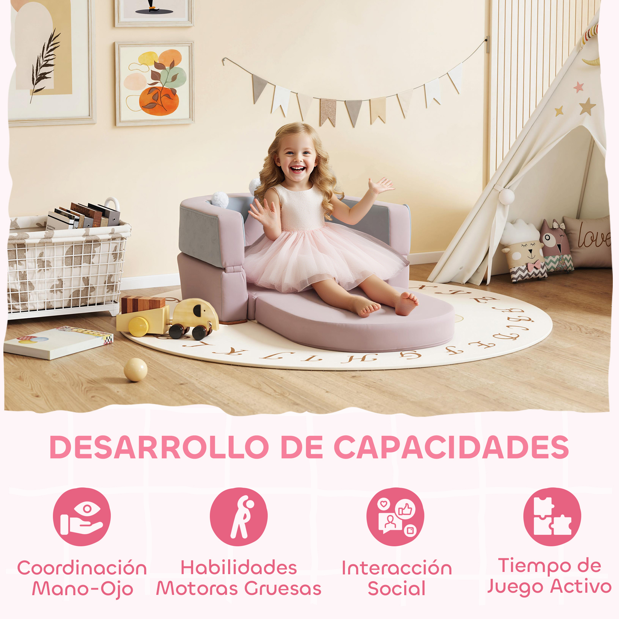 Una niña feliz con vestido rosa se sienta en un sofá de juegos frente a una tienda tipi de juguete.