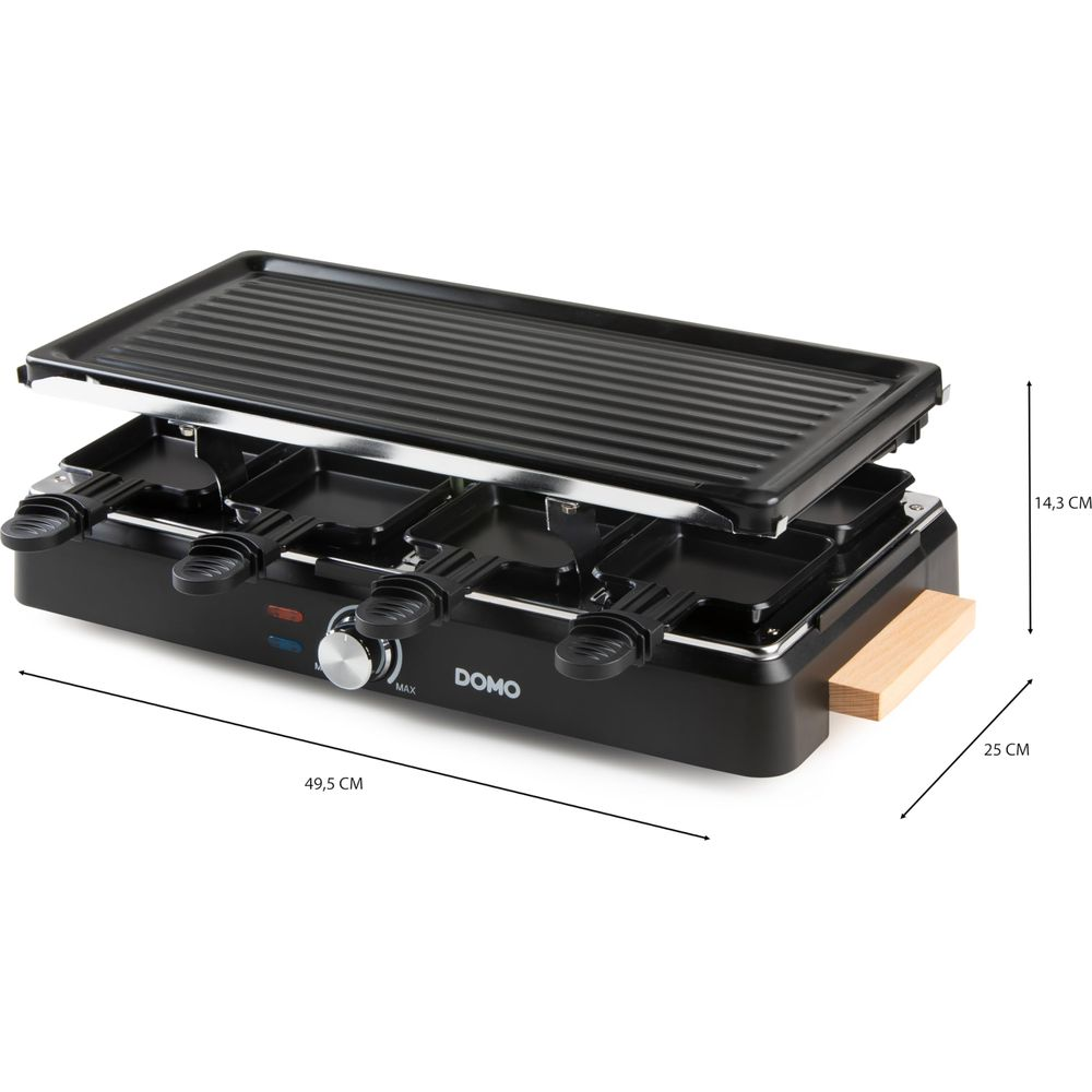 Schwarzer Raclette-Grill mit vier Pfännchenschlitzen und einer Grillplatte.