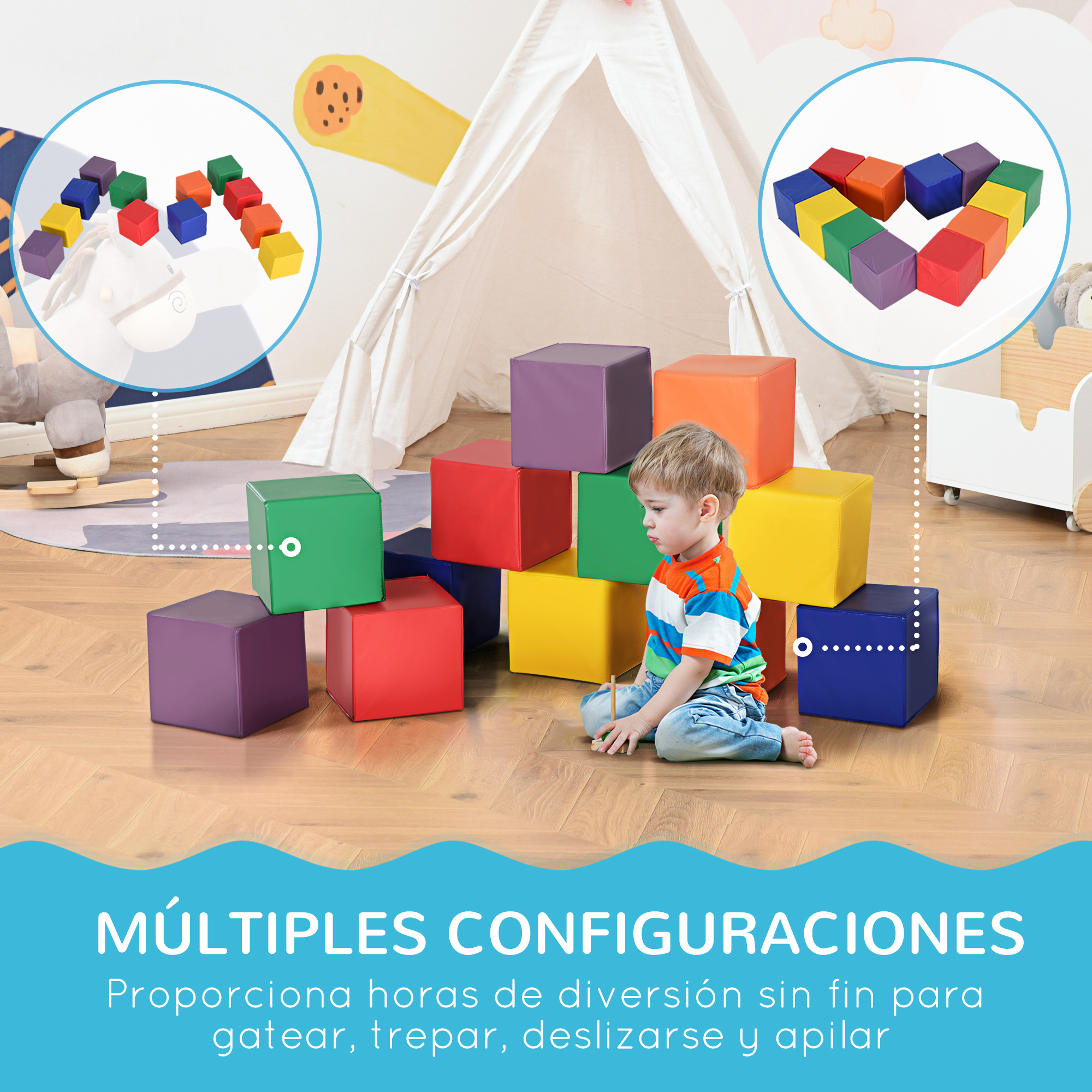 Un niño pequeño se sienta cerca de bloques de construcción coloridos frente a una tienda tipi.