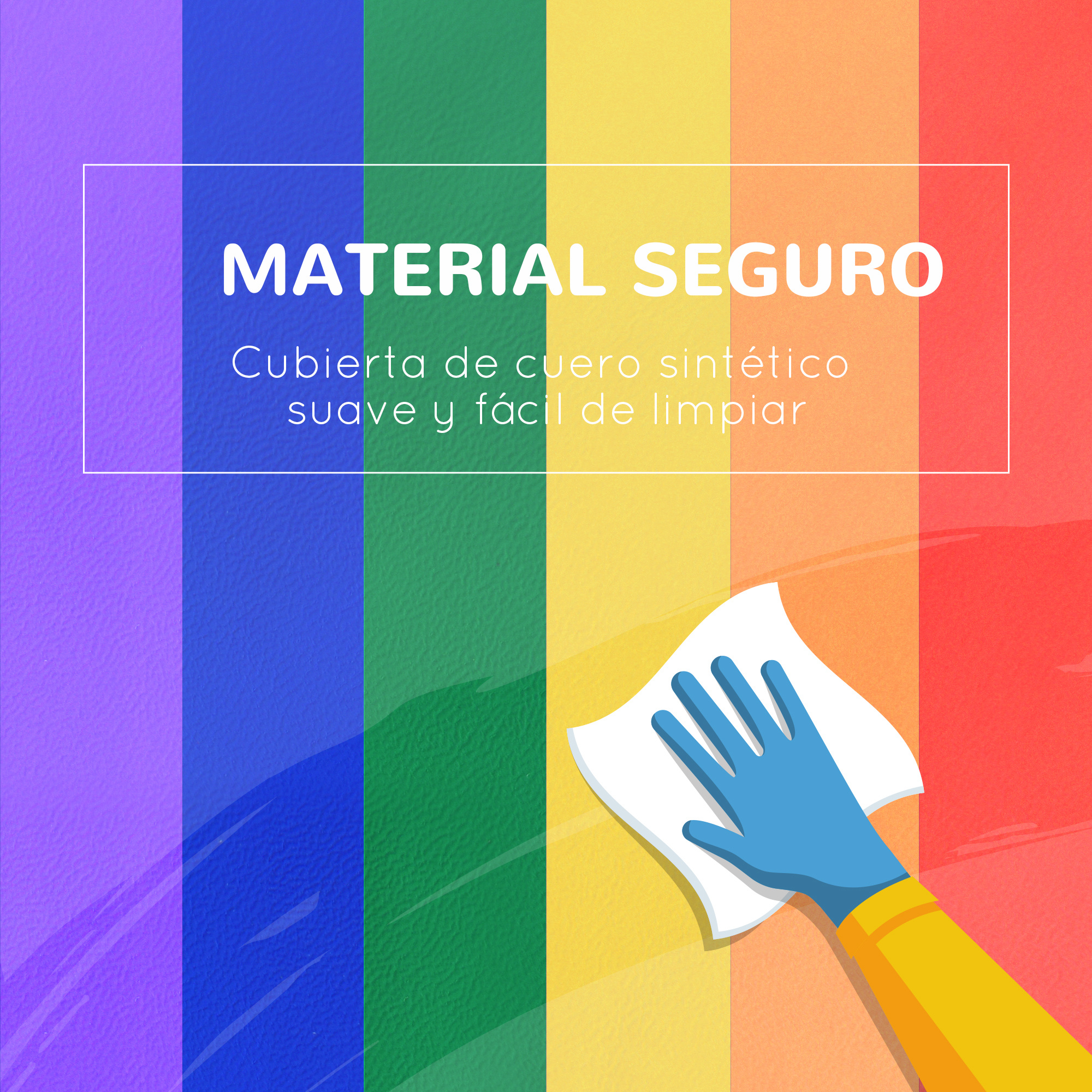 Una mano azul enguantada limpia con un paño blanco sobre rayas de colores.