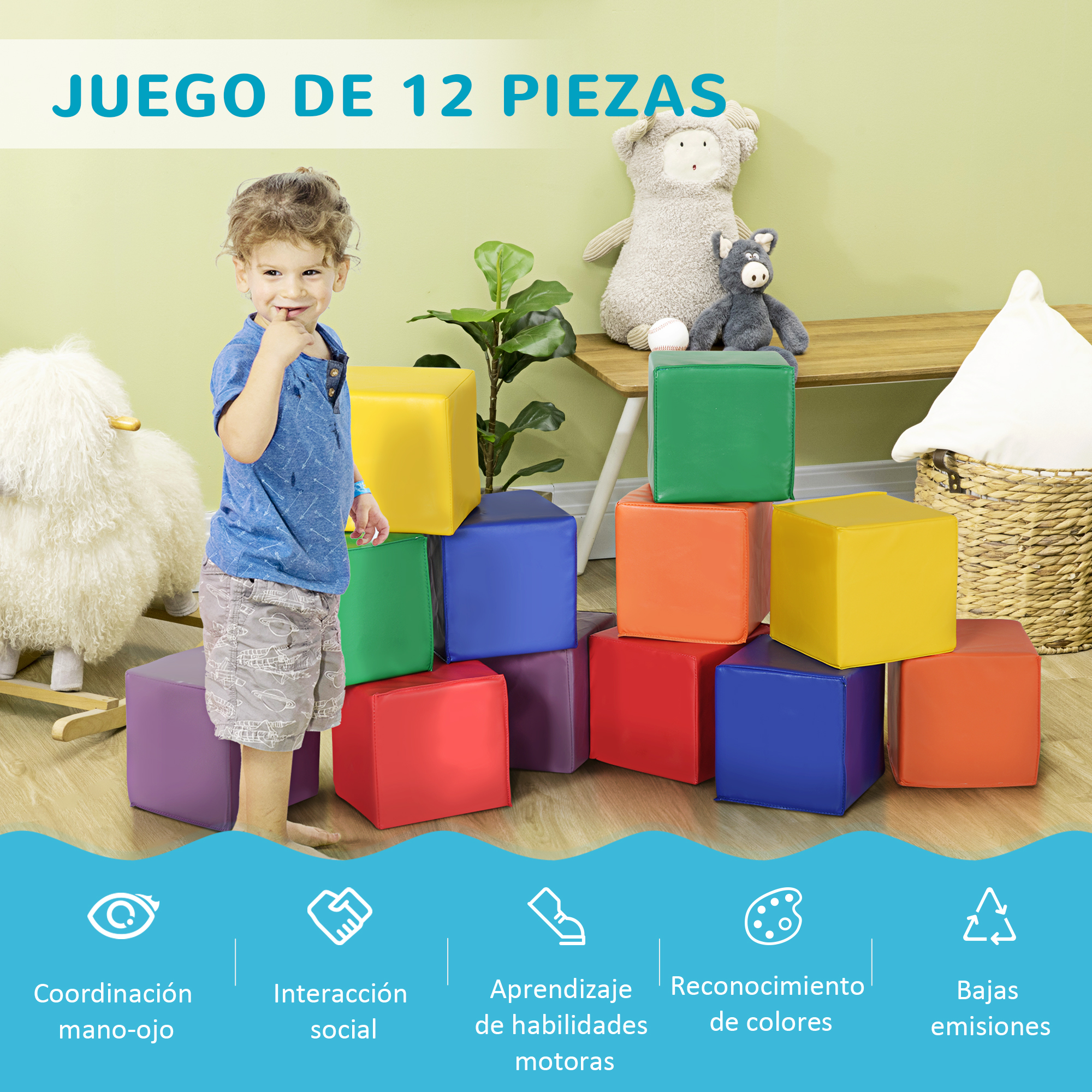 Un niño pequeño está junto a bloques y juguetes de colores.