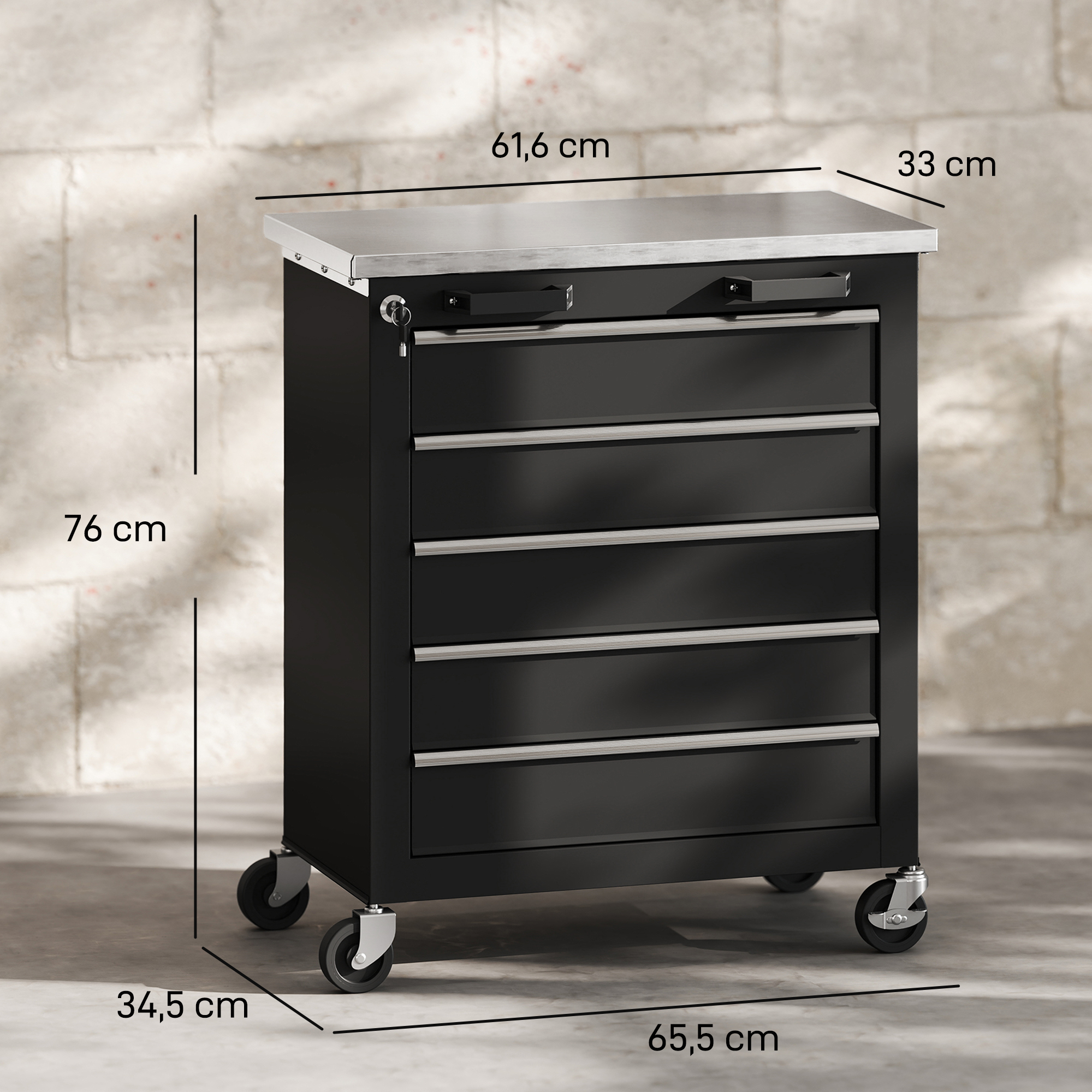 Cajonera negra con ruedas, asas plateadas y tapa metálica. Dimensiones mostradas.