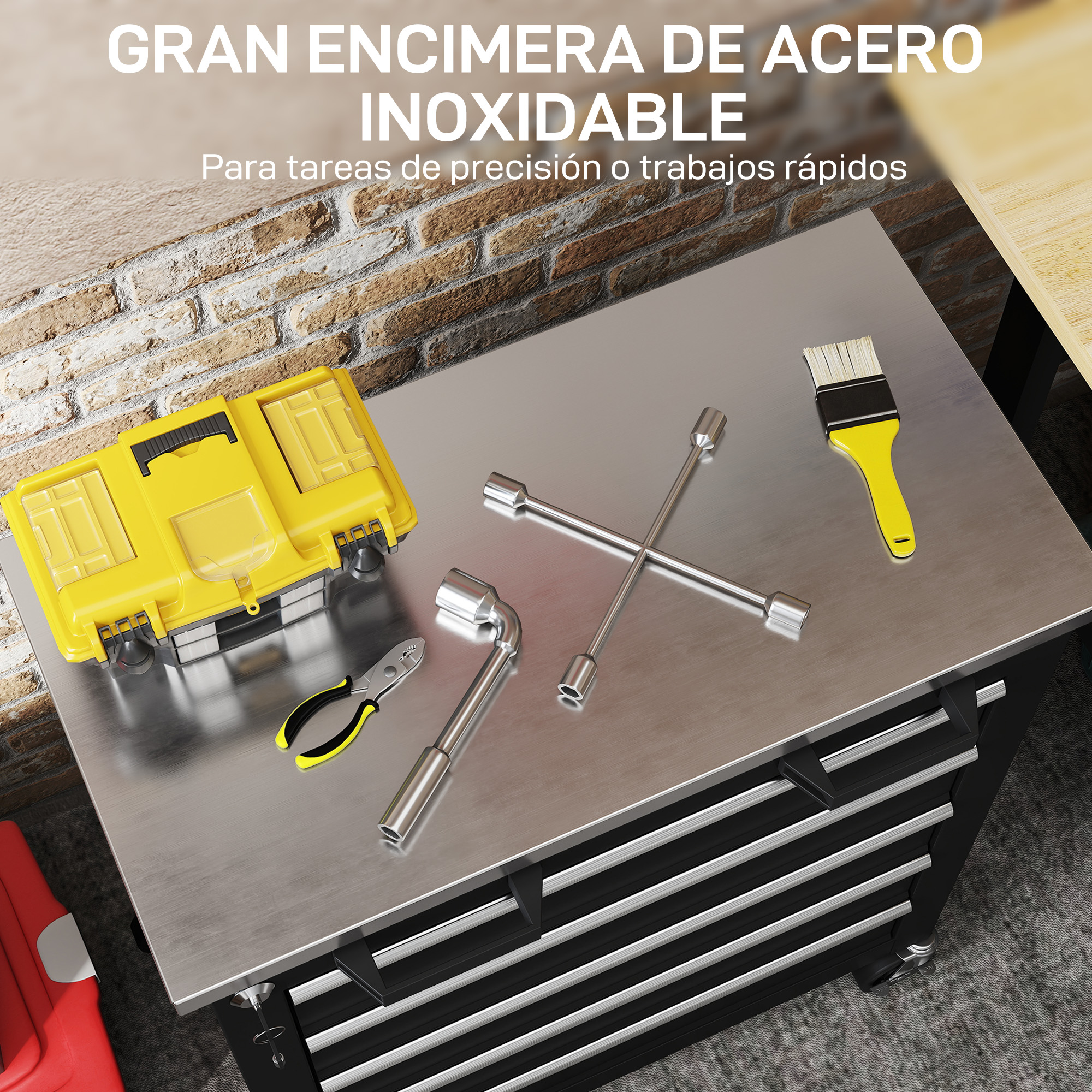 Caja de herramientas, alicates, llaves y pincel sobre superficie metálica.